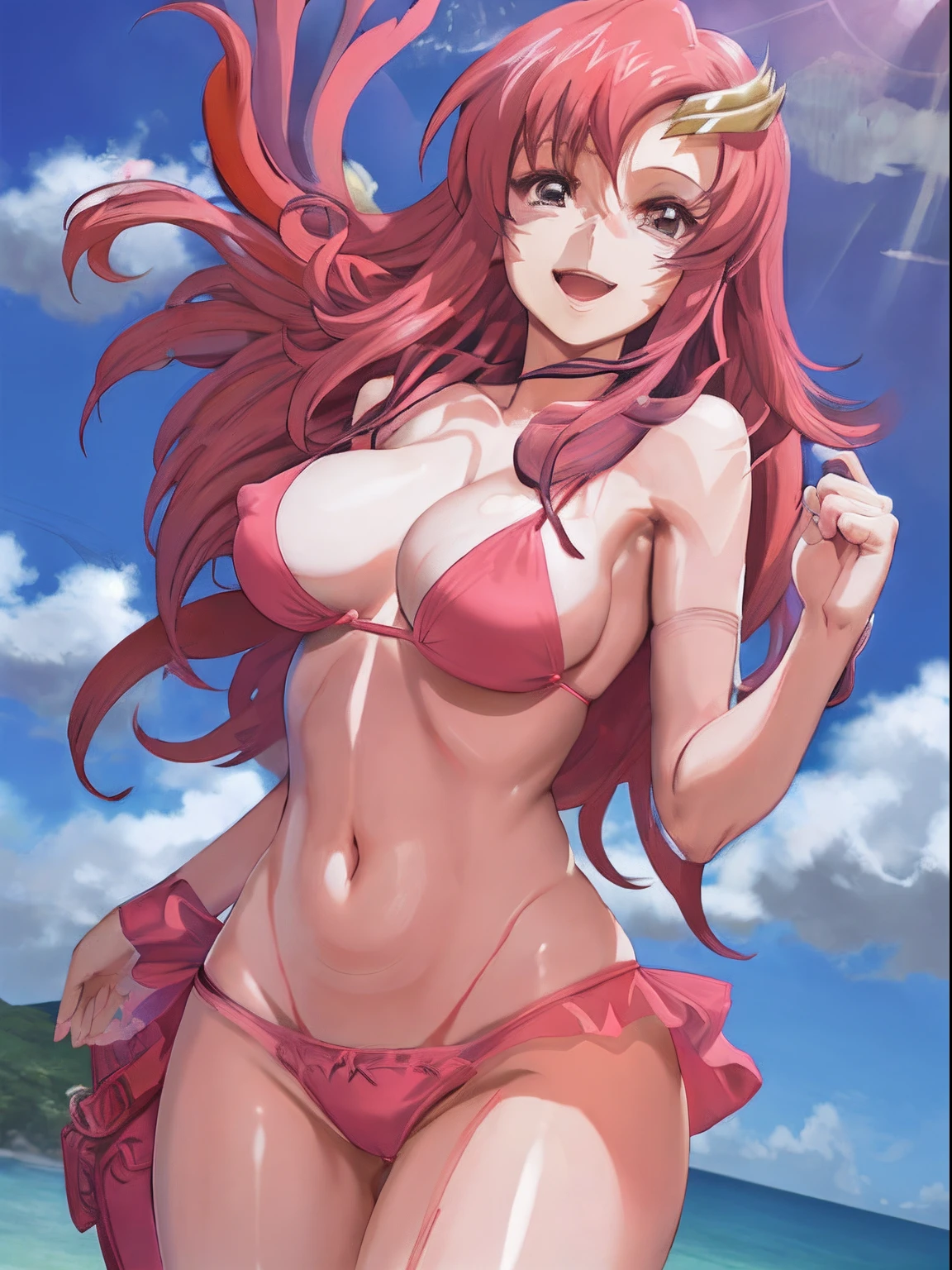 (masterpiece, 4K, Best Quality, Anime style: 1.9, bold drawing lines, High color saturation, Detailed face, tall, Adult Woman, lovely, (cloud background), Drawing lines, high resolution, Anime, lacus4), 1girl in, Solo, curvy figure, Long hair, 鎖骨, scapular, Wavy Hair, Detailed wide hair bangs, Hair Ornament, Detailed reddish-pink hair, cleavage, large hands, Big blue eyes, Smile, closed mouth, very slim belly, Very happy, closed fists, (laughing, open mouth), ((medium breasts)), (,nipples, pink bikini thong), elbow pads, strong arms, biceps, rib lines, long belly, lip stick, (lean forward)