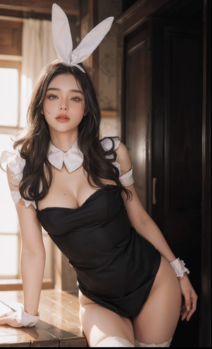 (hyperrealistic), (illustration), (high resolution), (8K), (extremely detailed), (best illustration), (beautiful detailed eyes), (best quality), (super detailed), (masterpiece), (wallpaper), (detailed face), solo, (dynamic pose), 1 girl, white wavy hair, korean, heterochromic eyes, small moles under the eyes, ((apron)), big breasts, long legs, tightens abs, (camel toes), (black stockings), (no panties), (no bra)