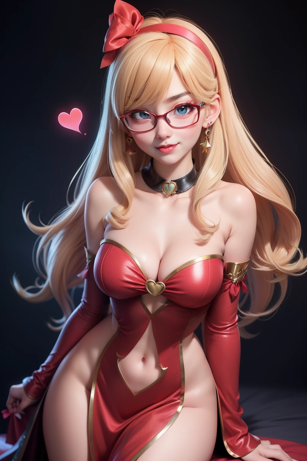 1 kawaii gamer girl, nsfw, japanese girl, solo, bright aqua eyes, glasses, eyelids, blush, seductive smile, naughty expression, red lips, hair bangs, smooth long hair, blonde hair, pink ribbon hairband, heart earings, collar, collarbone, sexy body, slim waist, navel, natural medium breast, cleavage, flat chest, cleavage, erotic red color wedding dress, gold and black accent on the dress, erotic pose, looking at viewer, flat green background, upper body