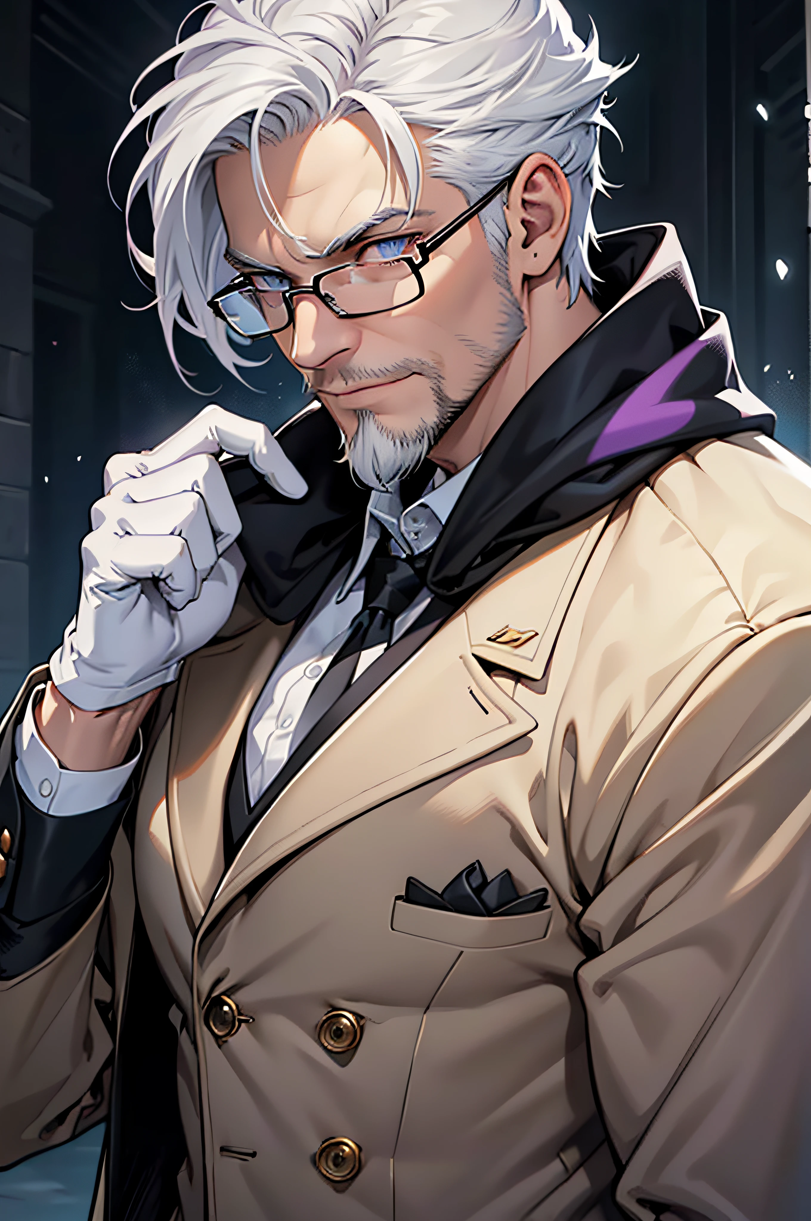 (Meticulous description) (Meticulous hair depiction) (Carefully portray the eyes) (Carefully portray the face) (Detailed portrayal of the human body) (Detailed portrayal of the half-body) (Handsome uncle)(quadratic element)One man only,uncle,Clear face,sharp look,Uncle lineage,dyna,exquisite CG,Exquisite illustrations,male people,wrinkles,47-year-old uncle,Middle aged,Pan,nobles,A half body,White gloves,high and cold,professor,Sneer Smile,a sense of atmosphere,White hair meticulously combed at the back of his head,Big back without bangs,Short beard,Gray-blue eyes,Wearing a cool white long trench coat, black shirt, purple long scarf,Wear black-framed square glasses,More details,The light from the back window is backlighted,toplight,closeup cleavage
