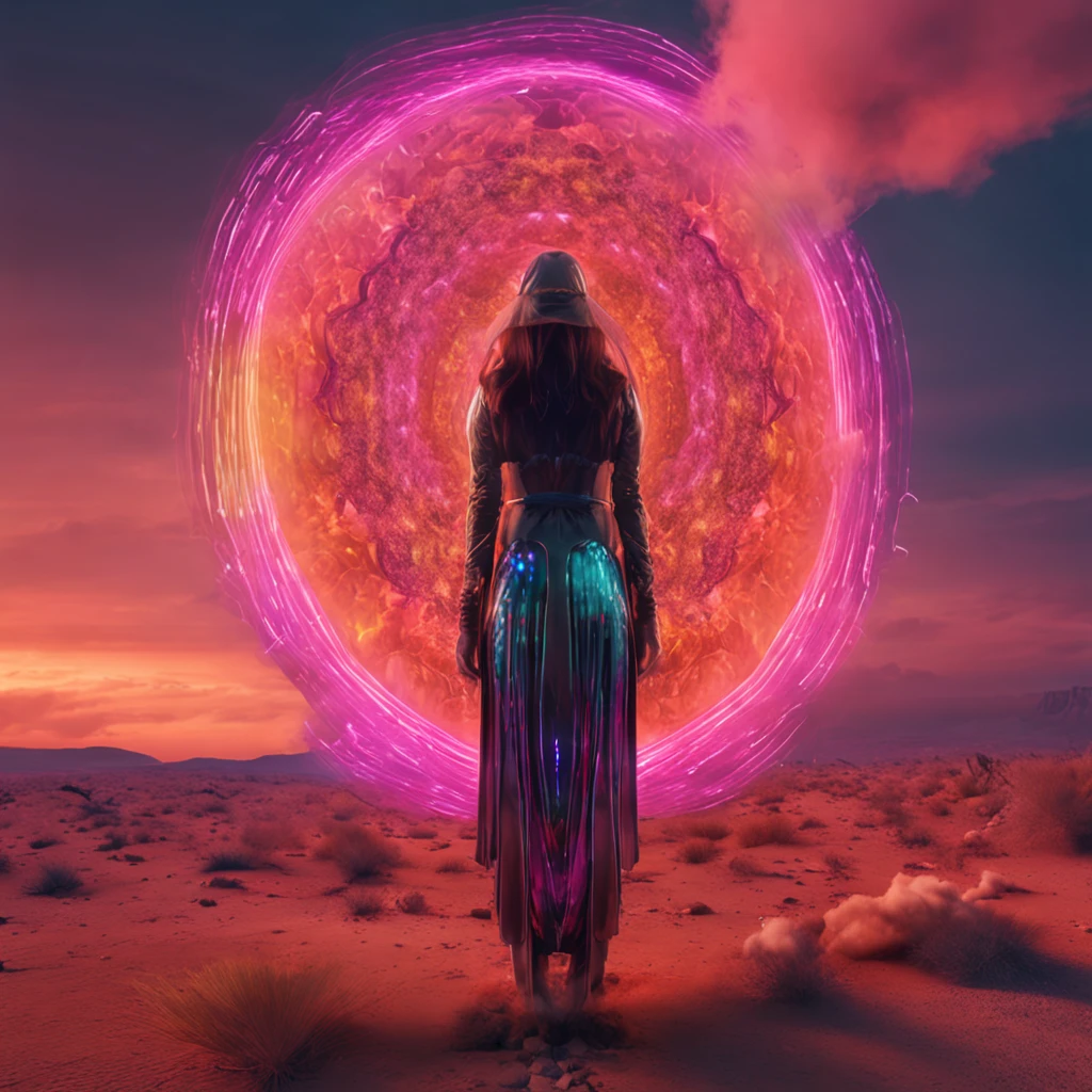 A vision flow of a beautiful topless woman walking down a night Hell, her pink sundress and faded blue panties illuminated by the sun, a red dawn in the background, and a world of shimmering light.