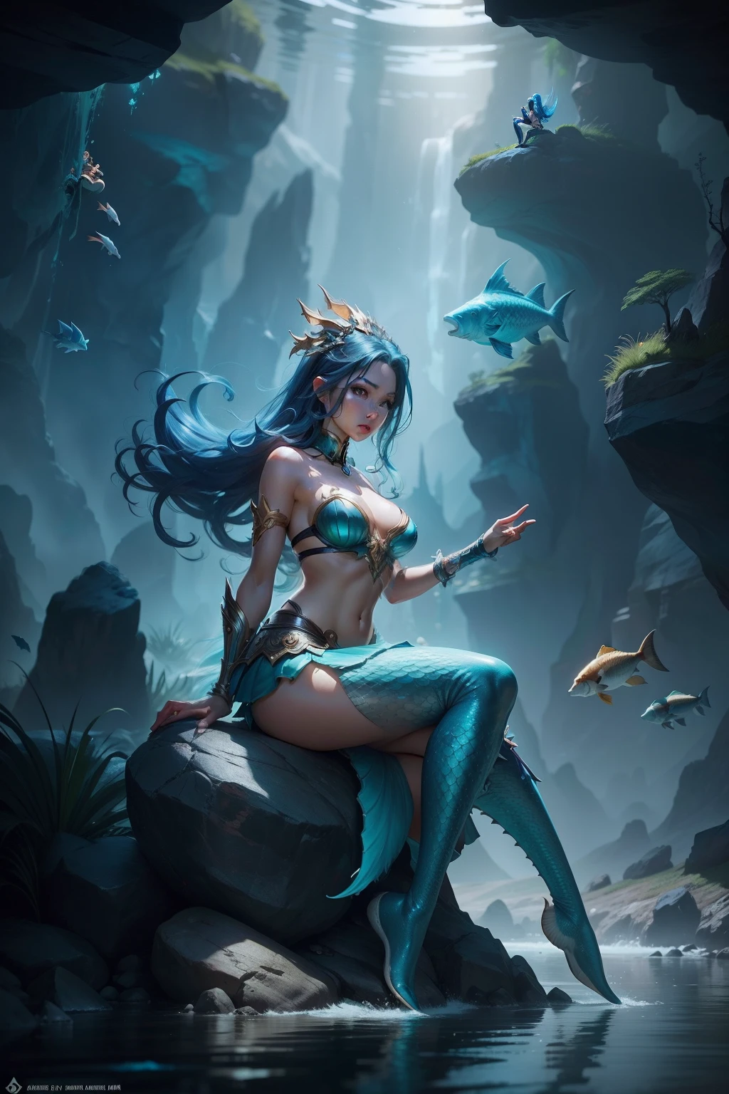 mermaid, sitting on a rock in a cave with fish, ross tran 8 k, league of legends concept art, Concept art | artgerm, riot games concept art, from league of legends, artgerm julie bell beeple, Заставка League of Legends, Queen of the Sea Mu Yanling, extremely detailed artgerm, artgerm lau