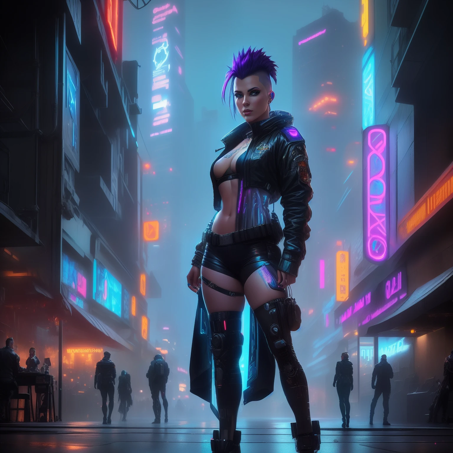 (full body: 1.2),(wonderful and sexy body: 1.2), (half naked: 1.2), (highly detailed: 1.2), (best canon EOS R6 quality: 1.2), (8k: 1.0), (dynamic posture: 1.2), (lots of large black tattoos on the head, open cybernetic head showing the inside, detailed open face, hyper detailed eyes 1 .2 ), sharp focus (awarding photo: 1.2), (subsurface scattering: 1.1) (an ultra-detailed beautiful cyborg: 1.2), (Highly detailed punk-style mohawk hair: 1.2), Neon glow, (Detailed cybernetic eyes: 1.1), (Hyperrealistic: 1.2), RPG, CyberPunk 1920 style, old 1920 Dramatic lighting (Highly detailed futuristic cityscape: 1. 2), (Science Fiction: 1.2), Professional Photography, by wlop greg rutkowski jeffrey simpson alphonse mucha, old style with CyberPunk
