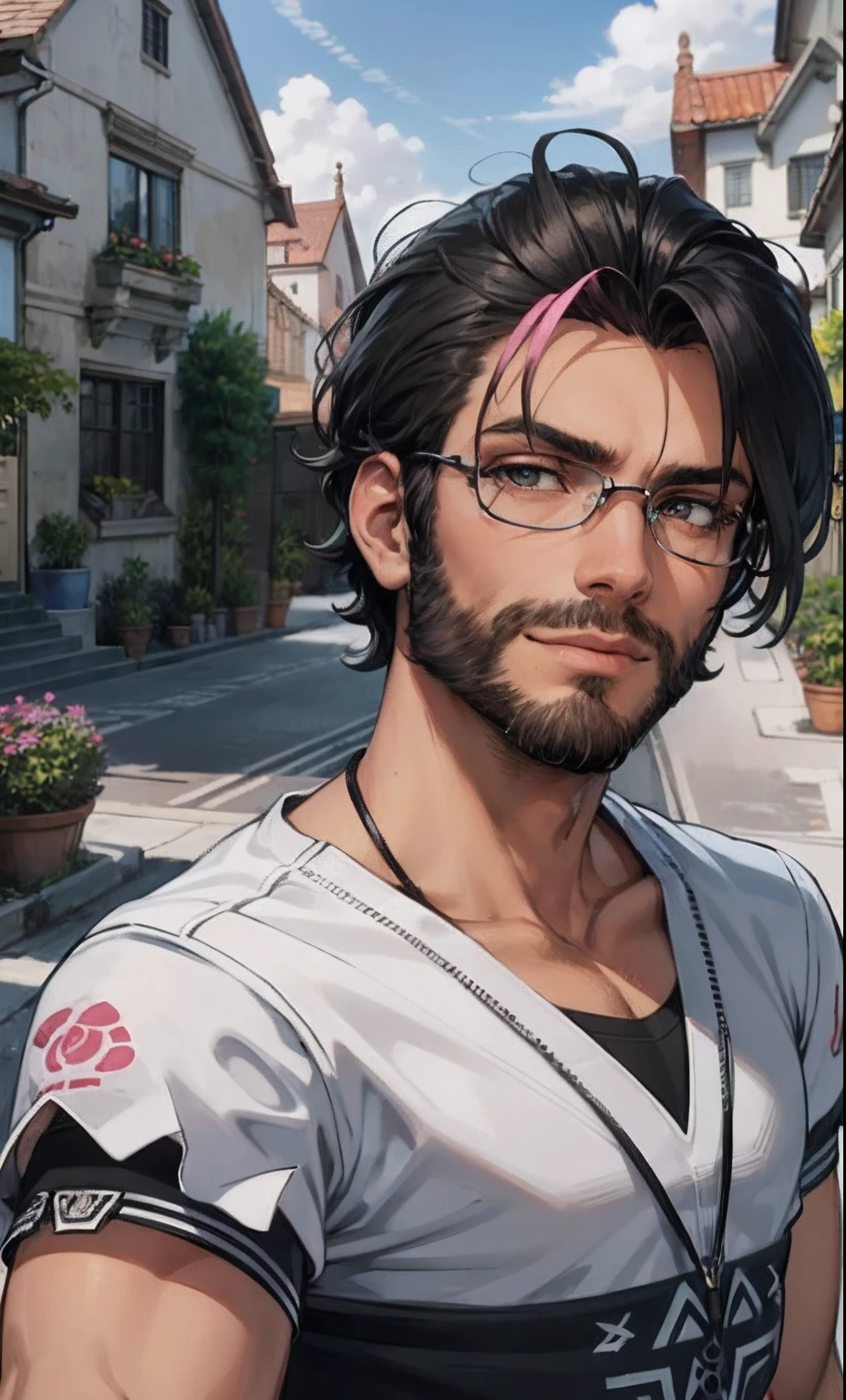obra-prima, (quimono rosa), rosto sedutor, good ilumination, , detalhe fino, obra-prima, olhos brilhantes, 1boy, cabelo preto, suction, fundo de flores, obra-prima, melhor qualidade, pov,garoto, homem de barba