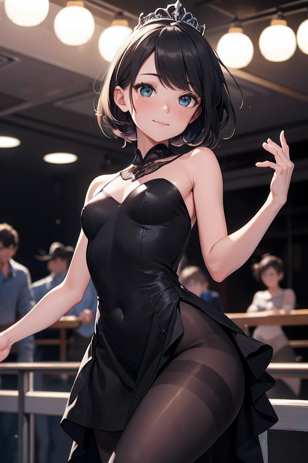 ((masterpiece,best quality)), highres, extremely detailed 8K wallpaper, depth_of_field, best shadow, (Colorful),(Delicate eyes and face), nice hand, Perfect hands, (no lighting), Ray tracing, BREAK
(1girl in), mogami \(kancolle\), black hair, short hair, black eyes / green eyes, swept bangs, small breasts, slender, skinny, smile, (full-face blush), BREAK,
(ballerina, ballet:1.2), (tutu:1.3), (dark leotard:1.2), (dark dress:1.3), (black pantyhose:1.2), bare shoulders, tiara, cameltoe, point shoes, ballet slippers, sexy, BREAK,
(cowboy shot and knee:1.5), stomach focus, ((dancing saloon)), night time, (dark backgrounds:1.3),