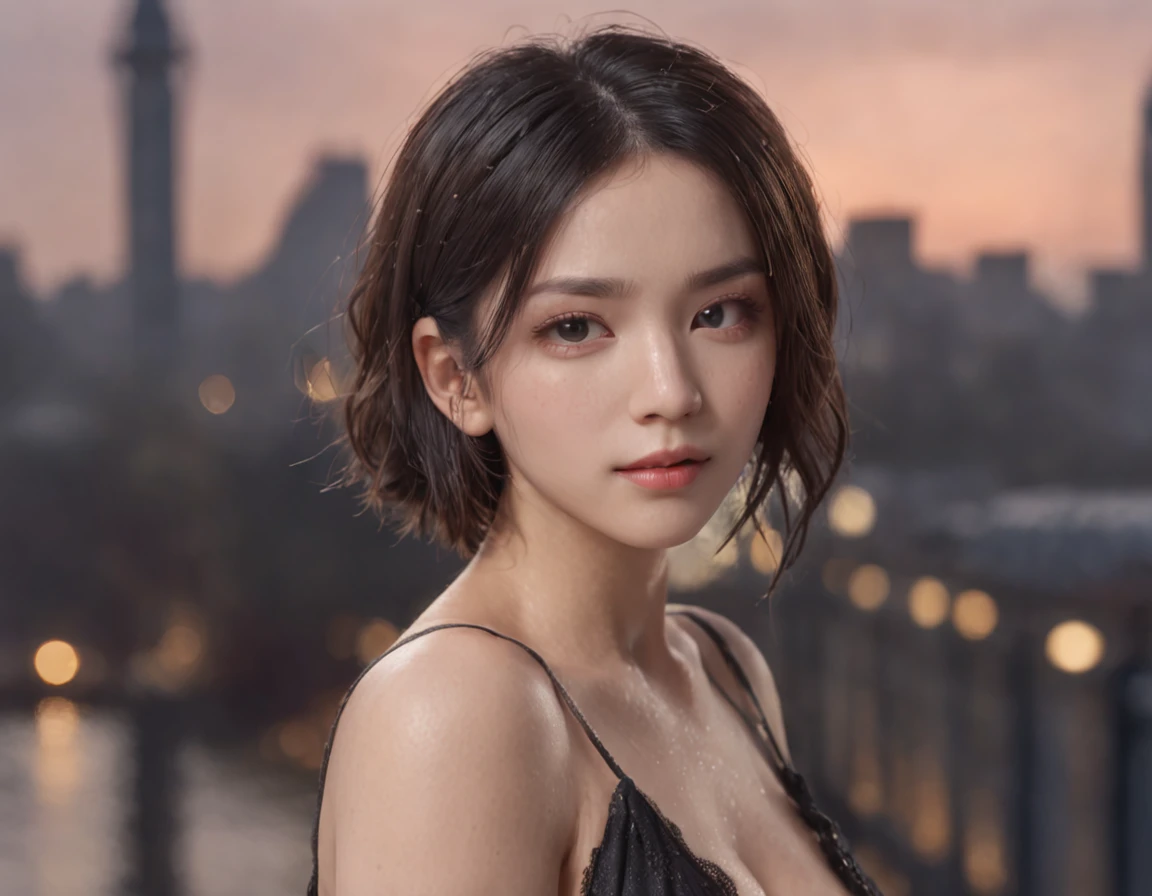 random pose, mix4, (8k, RAW photo, best quality, masterpiece: 1.45), (realistic, photorealistic: 1.37), one girl, cute, cityscape, night, rain, wet, professional lighting, photons mapping, radiosity, physically based rendering, gradient black hair, gray hair, short curly hair, handsome, girl, Deep V-neckline slip dress, pale skin, top quality photo, high res, 1080p, (clear face), (detailed face description), (detailed hand description), (masterpiece), (exquisite CG), extreme light and shadow, disheveled hair, master work, rich details, (fine facial features), (highest quality photo), (masterpiece), (detailed eyes), look in front of you eyes, fine clavicle, (huge breasts:1.47), white hair