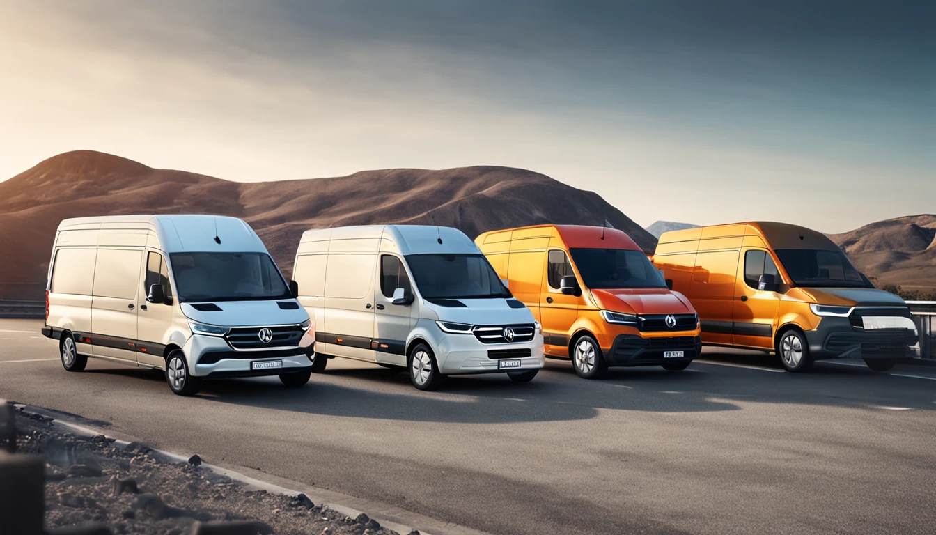 Five cars in a row, mercedes sprinter, volkswagen lt, renault trafic, volkswagen crafter, reno maste, driving on the background of highway, sunny weather, blurred background in motion, realistic photo