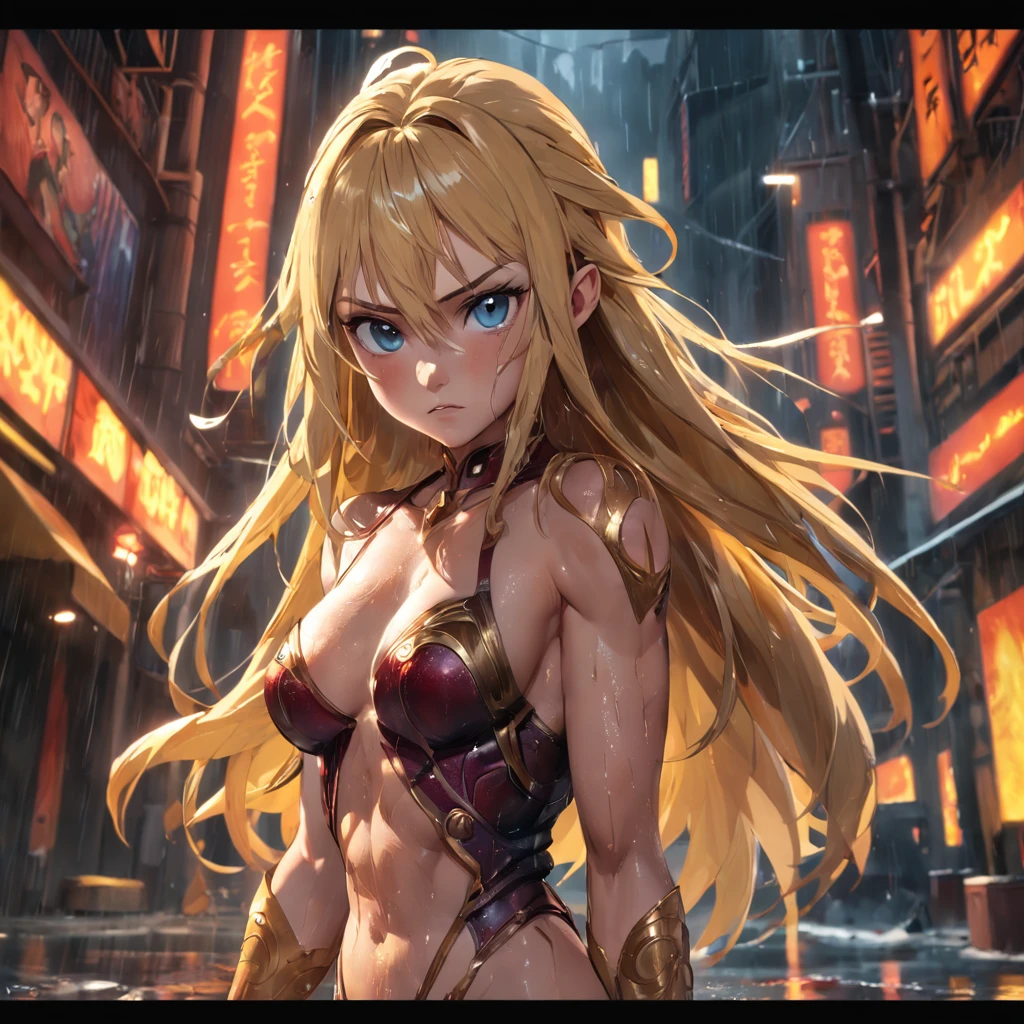 (professional 3d render:1.3) af (Realistic:1.3) most beautiful artwork photo in the world，Features soft and shiny female heroes, ((Epic hero fantasy rough wet hero angry look long blonde hair, and ferocious expression in dynamic pose, Fantastic location, Majestic cluttered environment)), full body 8k unity render, action shot, skin pore, very dark lighting, heavyshading, Detailed, Detailed face, (vibrant, photograph realistic, Realistic, Dramatic, Dark, Sharp focus, 8K), (Old leather garments damaged by weathering:1.4), ((((skimpy)))), (Intricate:1.4), decadent, (Highly detailed:1.4), Digital painting, rendering by octane, art stations, concept-art, smooth, Sharp focus, illustration, Art germ, (loish:0.23), wlop ilya kuvshinov, and greg rutkowski and alphonse mucha gracias, (Global illumination, Studio light, volumettic light), heavy rain, particles floating, lotr, fantasy, elf, full bodyesbian, ((Dark and ancient city background:1.3)),CGSesociety,art stations