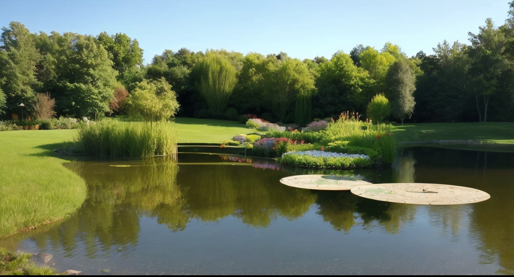 A circular pond with green ground