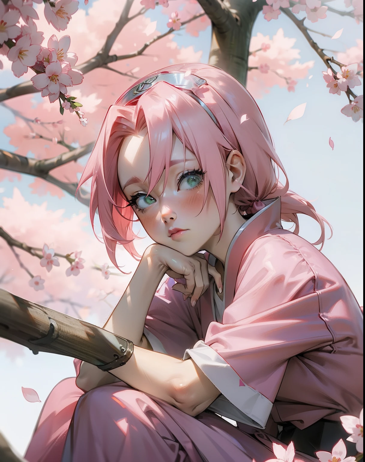 Sakura with pink hair and red shirt sitting on a tree, haruno sakura, sakura haruno, Estilo anime misturado com Fujifilm, Menina anime na vida real, Anime Garota Cosplay, sakura petals around her, Anime cosplay, linda Delphine, Sakura Haruno no modo Slug Sage, com cabelo rosa, Inspirado em anime, foto cosplay, Cosplayer, estilo anime