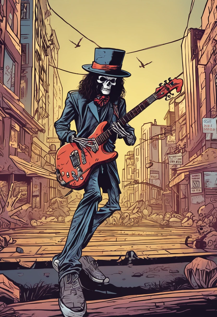 Slash skeleton in sunglasses playing guitar, ao fundo, A shadowy city with low lights and vampire dogs