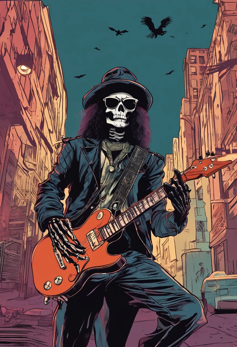 An avatar of the guitar player "Buckethead" in cartoon style