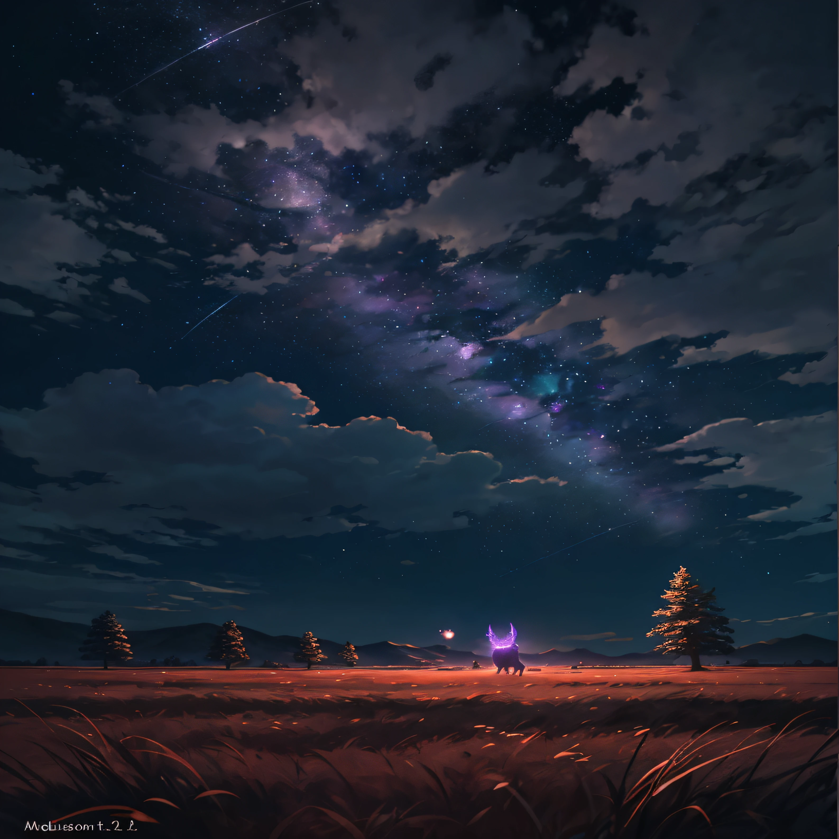 A wide landscape photo, (viewed from below, the sky is above, and the open field is below), a wolf sitting on grass field looking up, (full moon: 1.2), (meteor: 0.9), (nebula: 1.3), distant mountains , Trees BREAK Crafting Art, (Warm Light: 1.2), (Firefly: 1.2), Lights, Lots of Purple and Orange, Intricate Details, Volumetric Lighting BREAK (Masterpiece: 1.2), (Best Quality), 4k, Ultra Detailed, (Dynamic Composition: 1.4), Rich in Detail and Color, (Rainbow Color: 1.2), (Glow, Atmospheric Lighting), Dreamy, Magical, (Solo: 1.2)