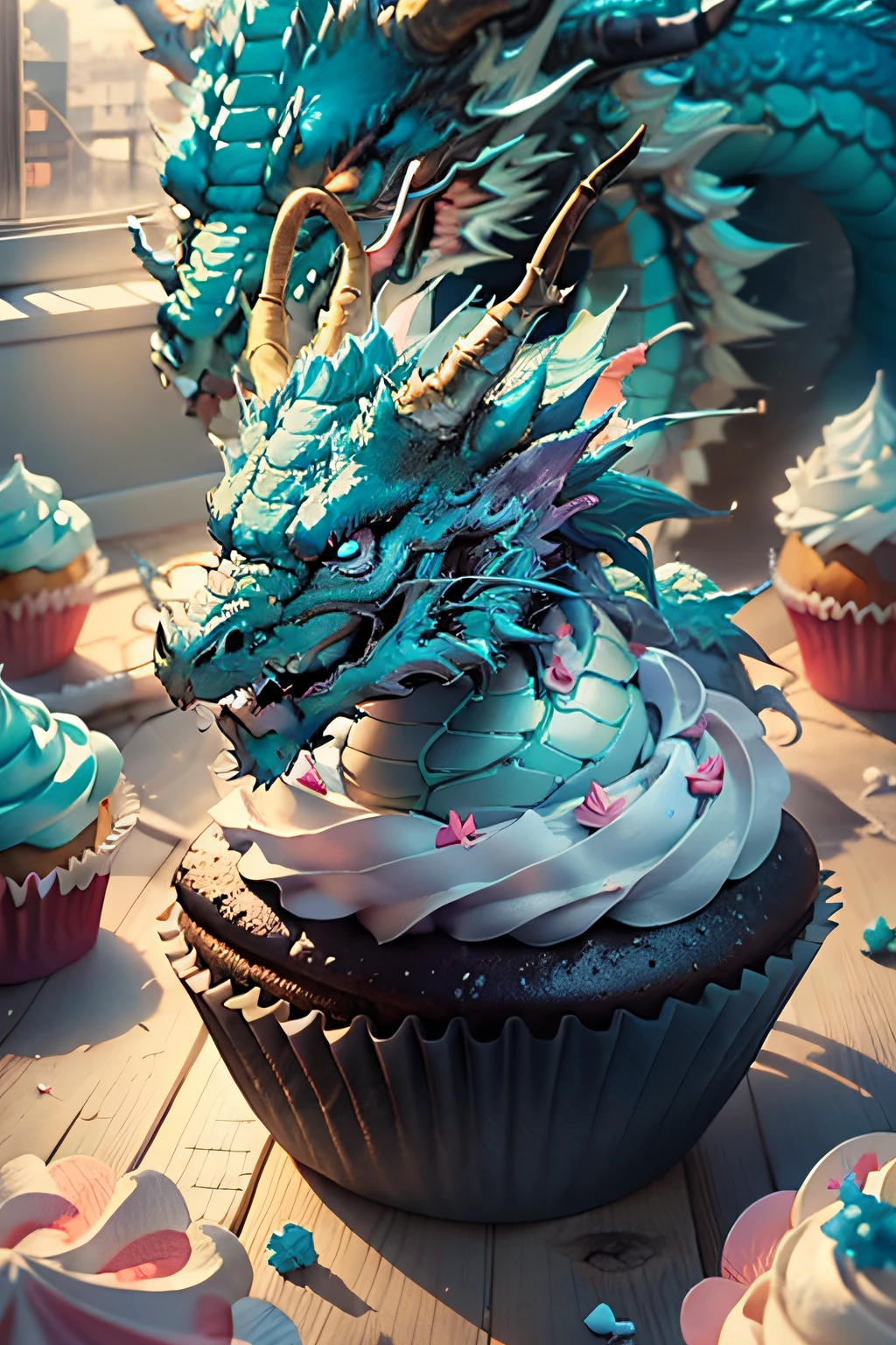 a candy coated cupcake dragon, frosting covered dragon, Cupcake on a dragon head.