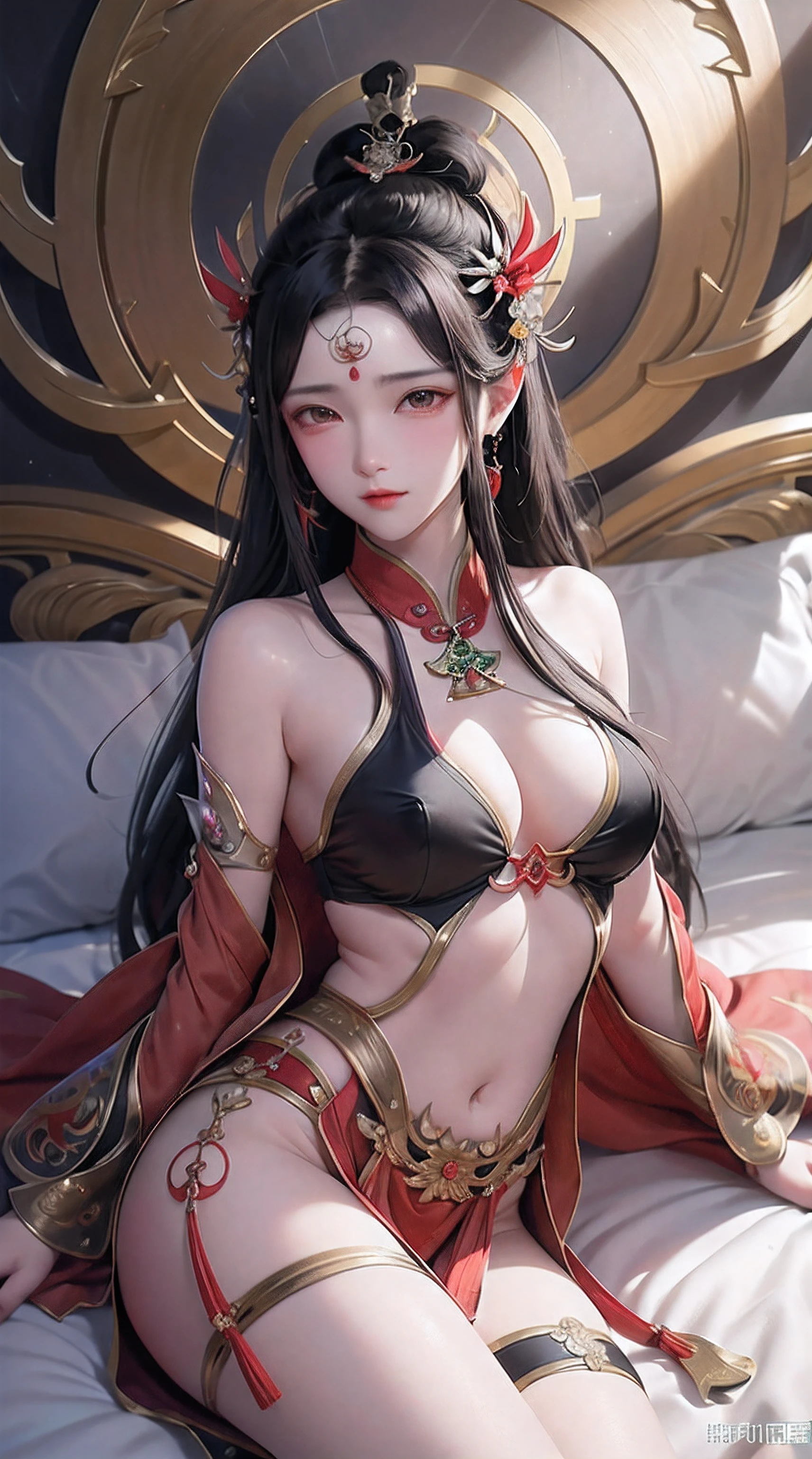 Ancient China woman, above waist,There is a flower tattoo on the bare back,Red and blue-green flowers, on the bed,ukiyo-style, Guviz-style artwork, Guviz, Alphonse mucha and rossdraws, A beautiful artwork illustration, By Li Song, by Yang J, author:Zou Zhe, By Zeng Jing, by Ye Xin, author:Shitao, author:Zhou Fang, korean art nouveau anime