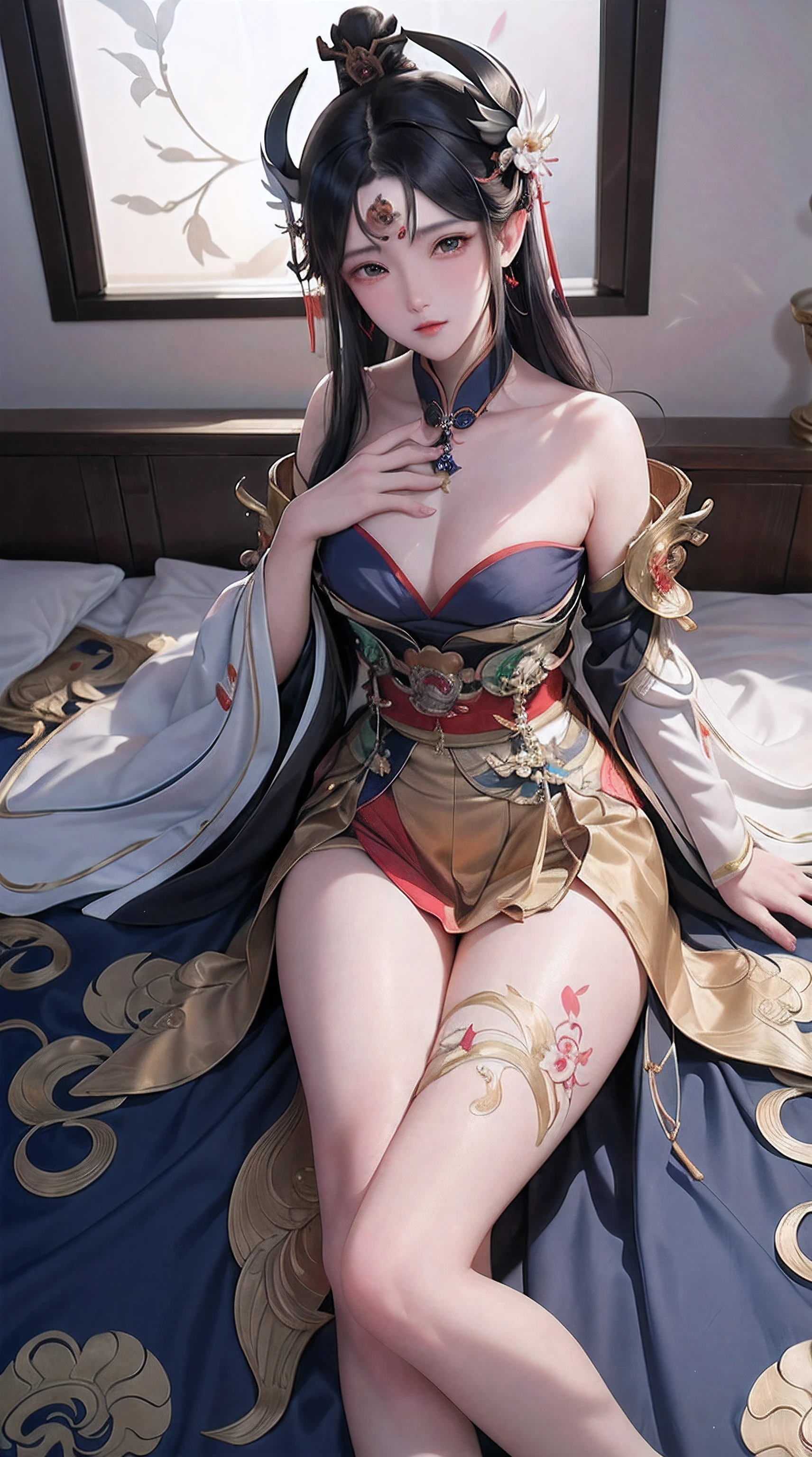 Ancient China woman, above waist，There is a flower tattoo on the bare back，Red and blue-green flowers, on the bed，ukiyo-style, Guviz-style artwork, Guviz, Alphonse mucha and rossdraws, A beautiful artwork illustration, By Li Song, by Yang J, author：Zou Zhe, By Zeng Jing, by Ye Xin, author：Shitao, author：Zhou Fang, korean art nouveau anime