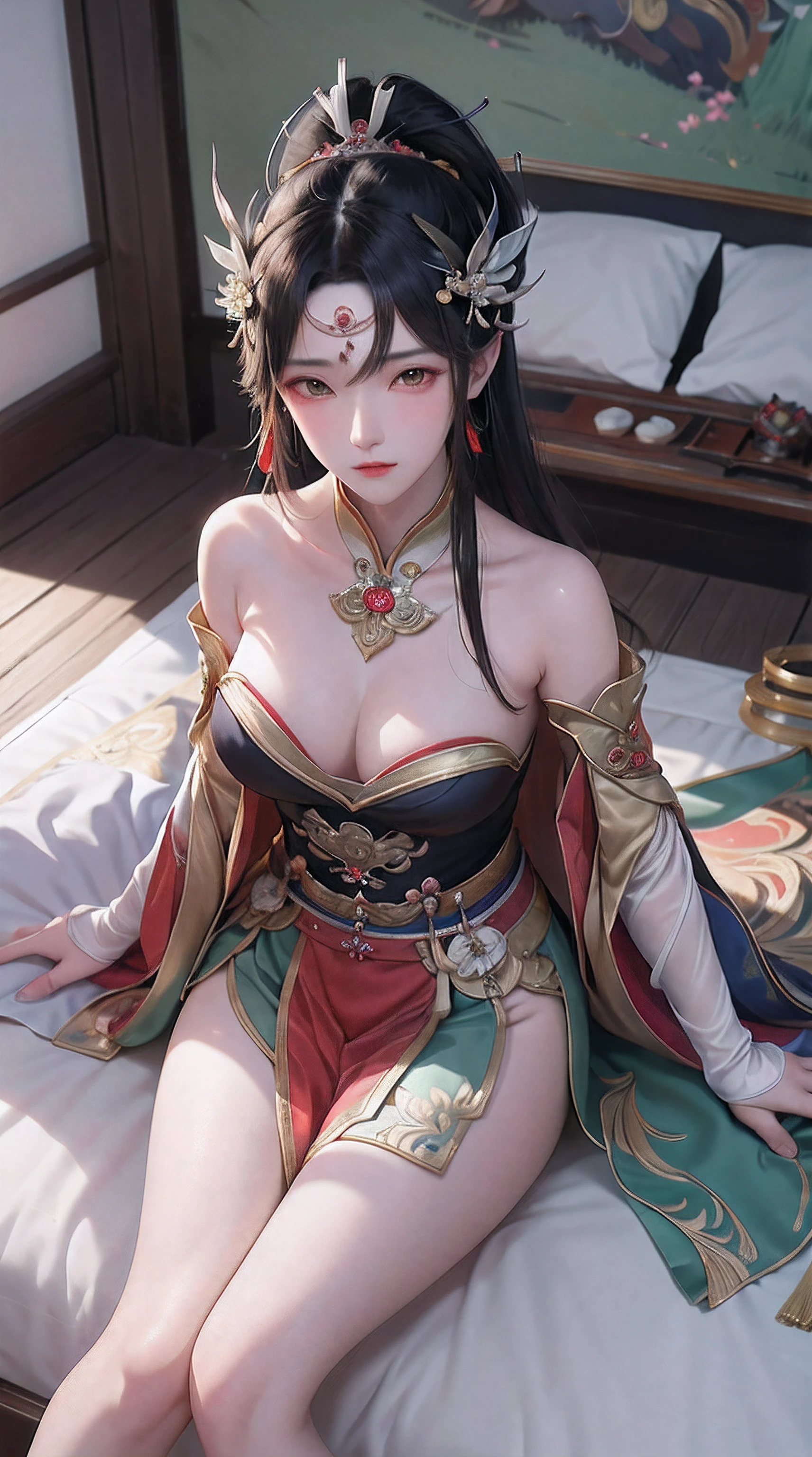 Ancient China woman, above waist，There is a flower tattoo on the bare back，Red and blue-green flowers, on the bed，ukiyo-style, Guviz-style artwork, Guviz, Alphonse mucha and rossdraws, A beautiful artwork illustration, By Li Song, by Yang J, author：Zou Zhe, By Zeng Jing, by Ye Xin, author：Shitao, author：Zhou Fang, korean art nouveau anime