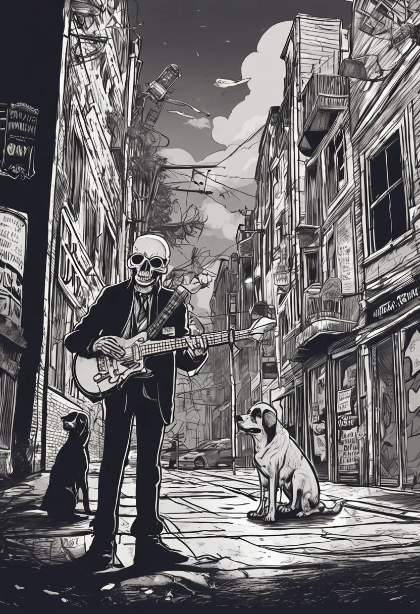 Angus Young skeleton in sunglasses playing guitar, ao fundo, A shadowy city with low lights and vampire dogs