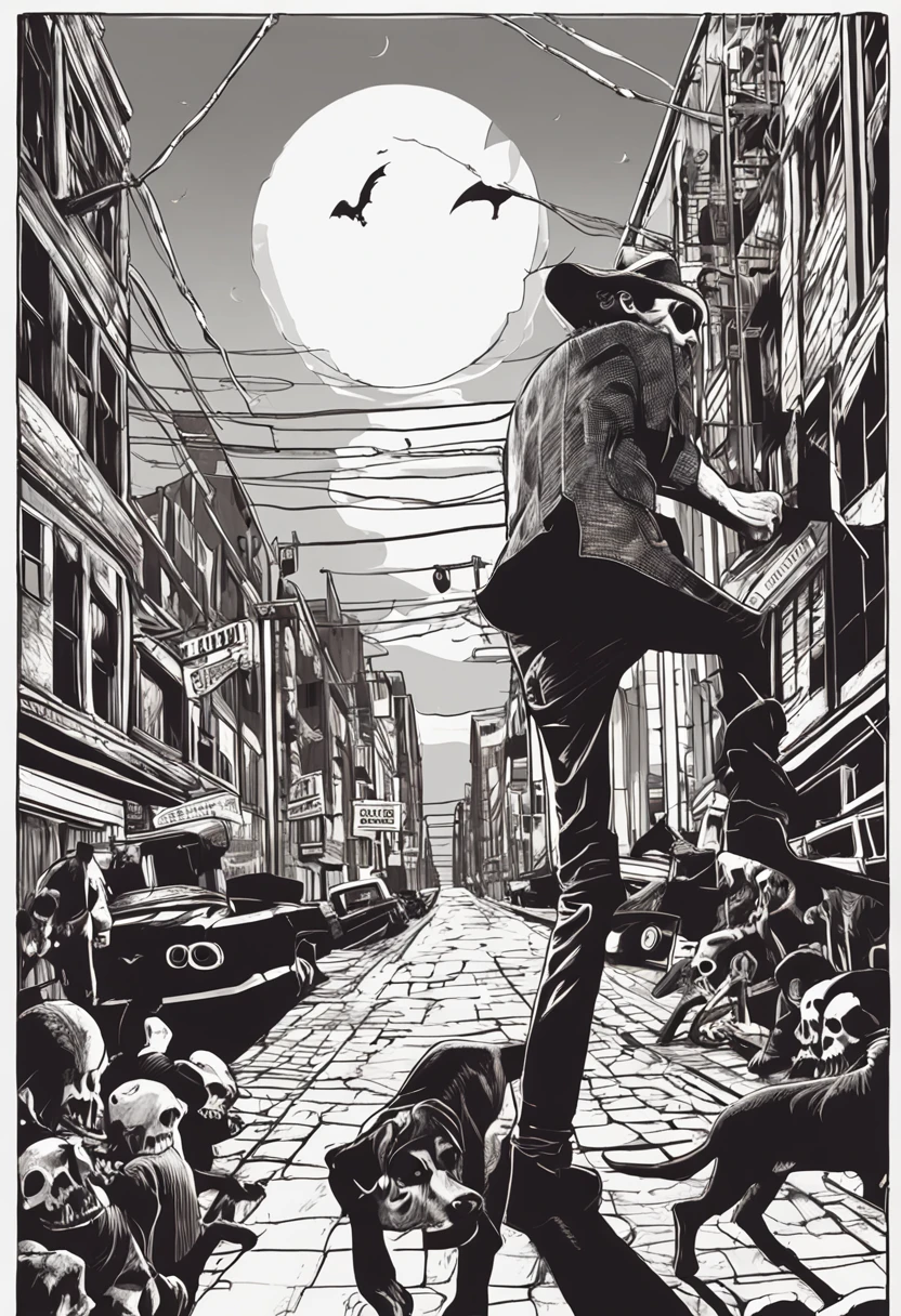Angus Young skeleton in sunglasses playing guitar, ao fundo, A shadowy city with low lights and vampire dogs