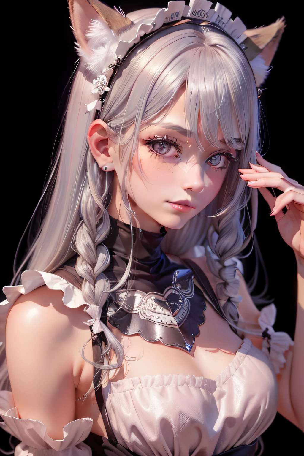 silver hair, maid headdress, mole under eye, fox ears