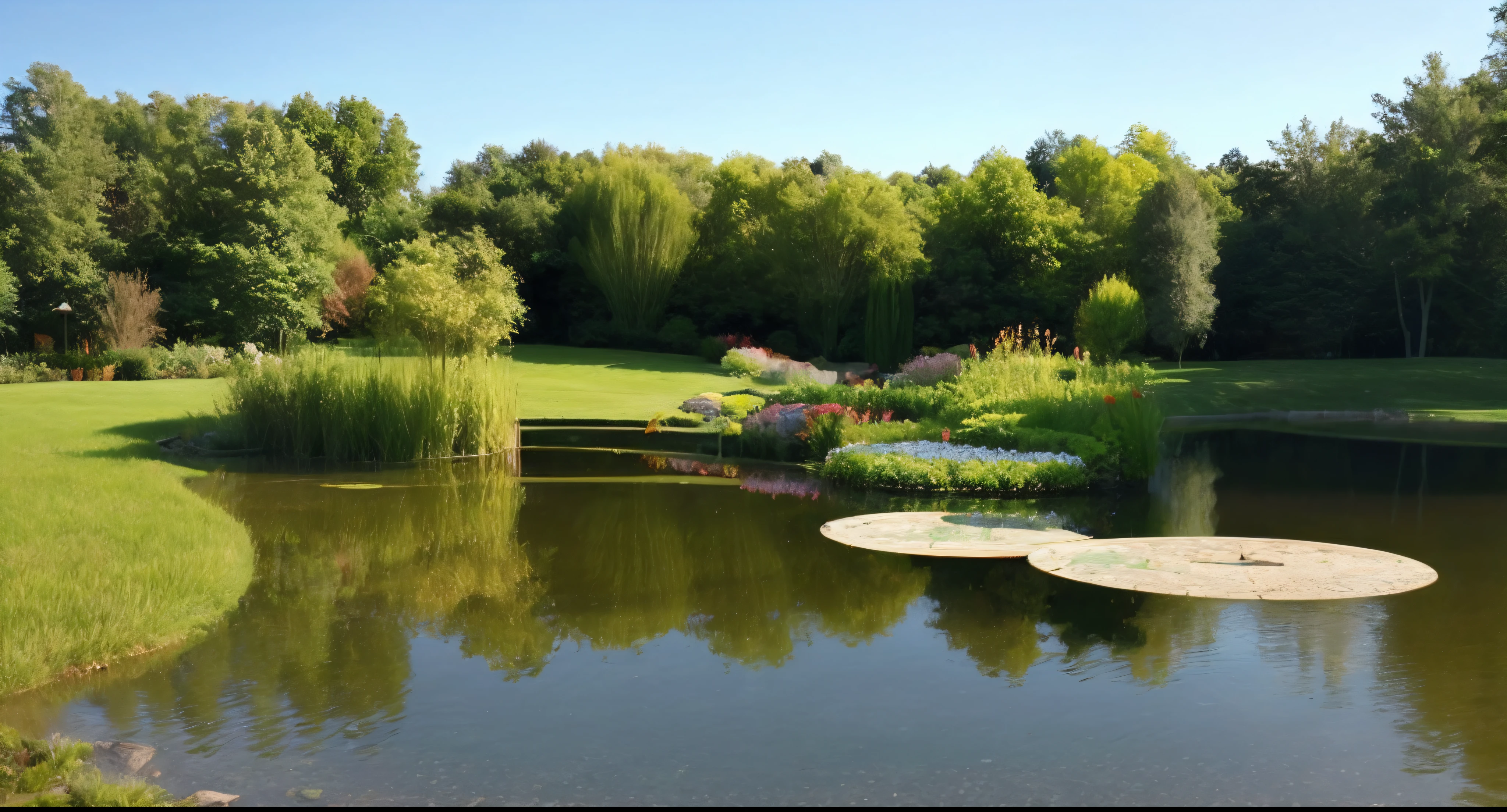 A circular pond with green ground