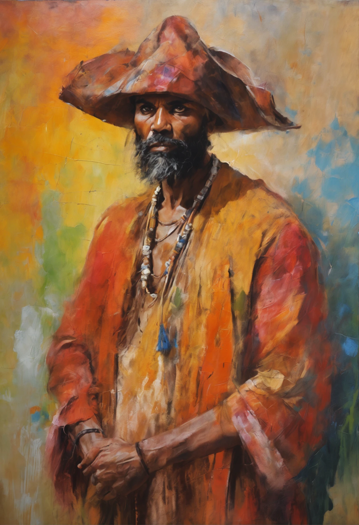 a brown gypsy Hindu man in typical hatless pirate robes beautiful landscapes, Grande profundidade de campo, Arte Digital, obra prima, Qualidade UHD". RPG