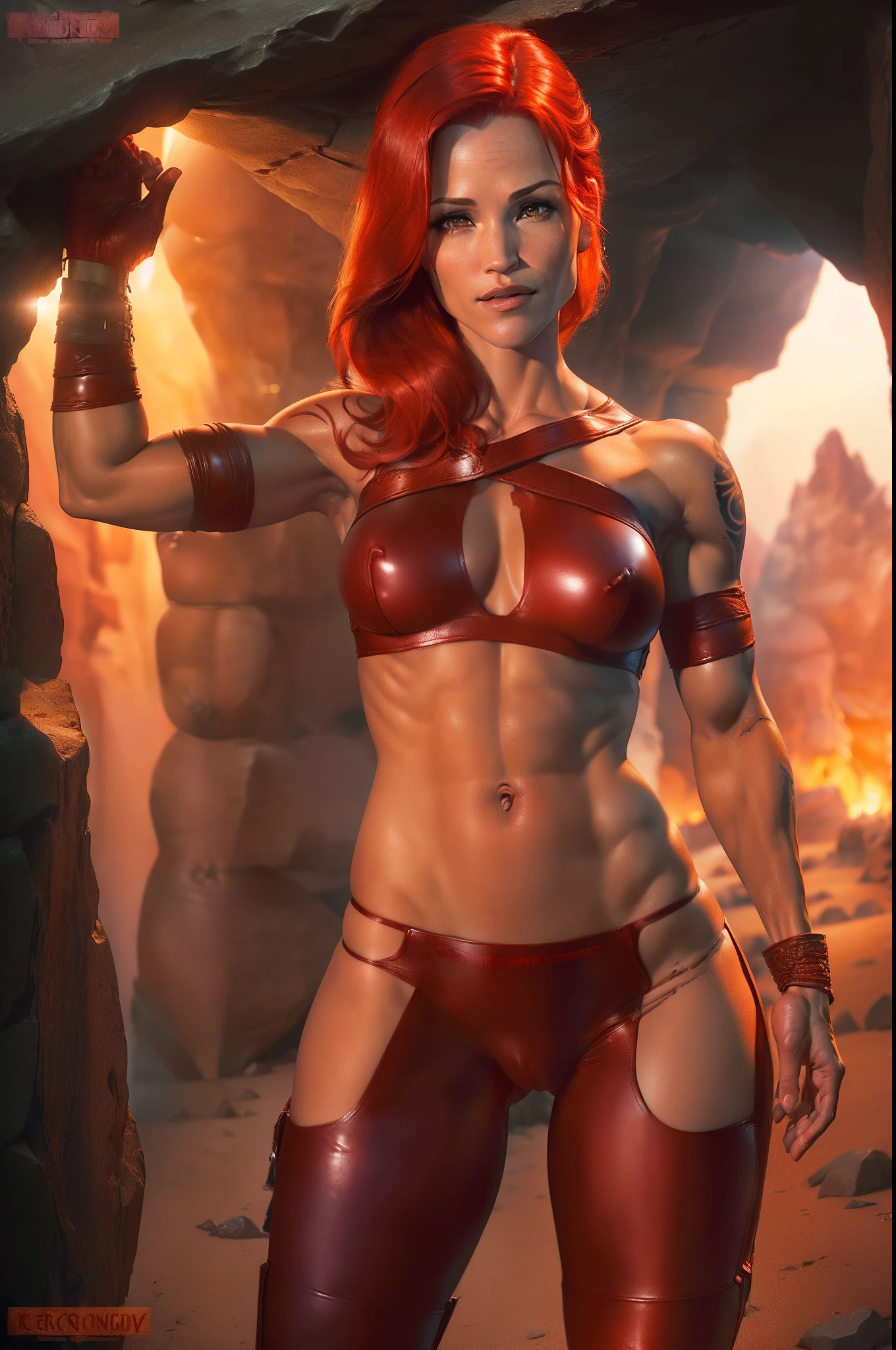 ((Jennifer Garner as Electra), ((very short red hair)), large breasts, ((tattoos covering body)), ((very defined muscles)), ((narrow waist)), ((thin waist)), ((red leather pants with underwear showing)), ((small amount of pubic hair)), (Electra), ((camel toe)), ((cameltoe)), ((Tomb Raider style)), ((in a dark cavern city)), ((butt towards camera)), ((rear view))