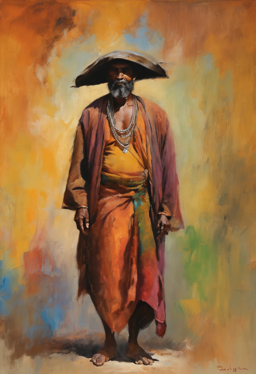 a brown gypsy Hindu man with typical black pirate robes without hat beautiful landscapes, Grande profundidade de campo, Arte Digital, obra prima, Qualidade UHD". RPG