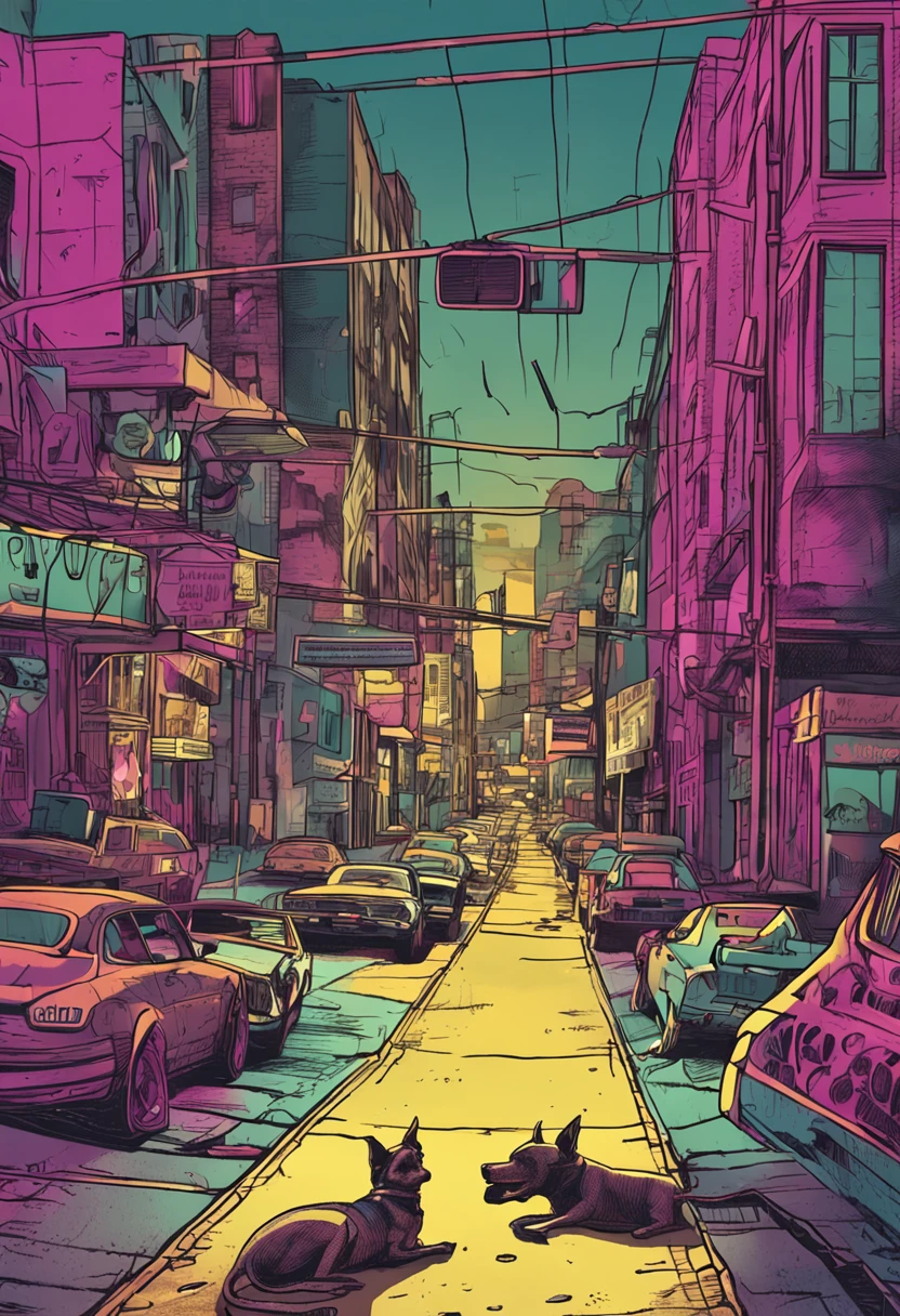 Snake skeleton of sunglasses and headset, In the background a shadowy city with low lights and vampire dogs