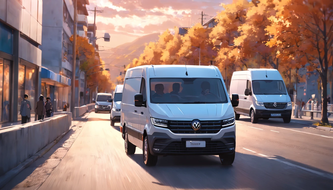 Five cars in a row, mercedes sprinter, volkswagen lt, renault trafic, volkswagen crafter, reno maste, driving on the background of highway, sunny weather, blurred background in motion, realistic photo