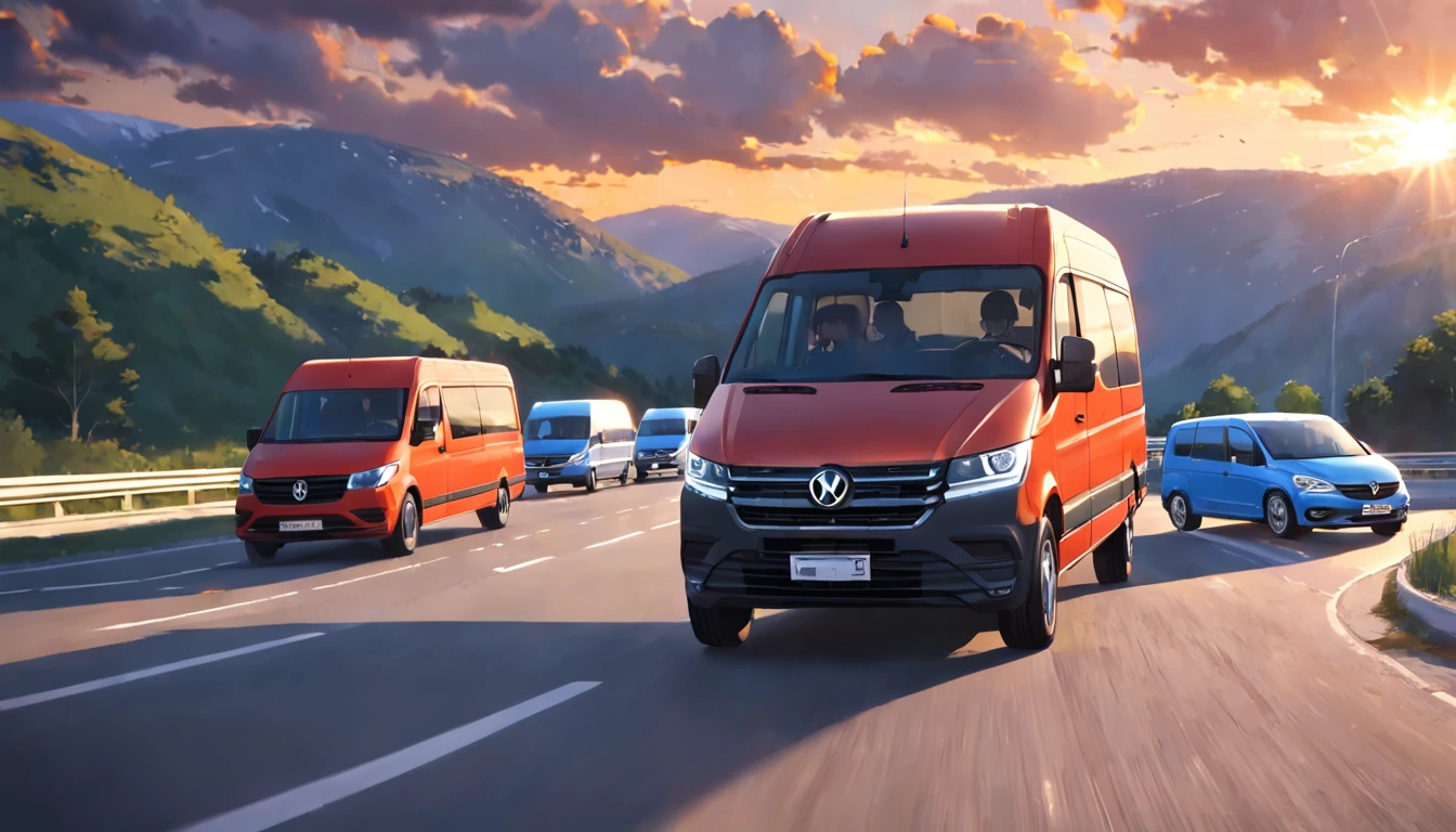 Five cars in a row, mercedes sprinter, volkswagen lt, renault trafic, volkswagen crafter, reno maste, driving on the background of highway, sunny weather, blurred background in motion, realistic photo