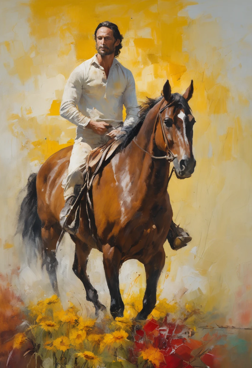 Um homem latino bonito (rodrigo santoro) em um cavalo branco, dia ensolarado , In the middle of a field of sunflowers, belas paisagens, Grande profundidade de campo, Arte Digital, obra prima, Qualidade UHD". RPG