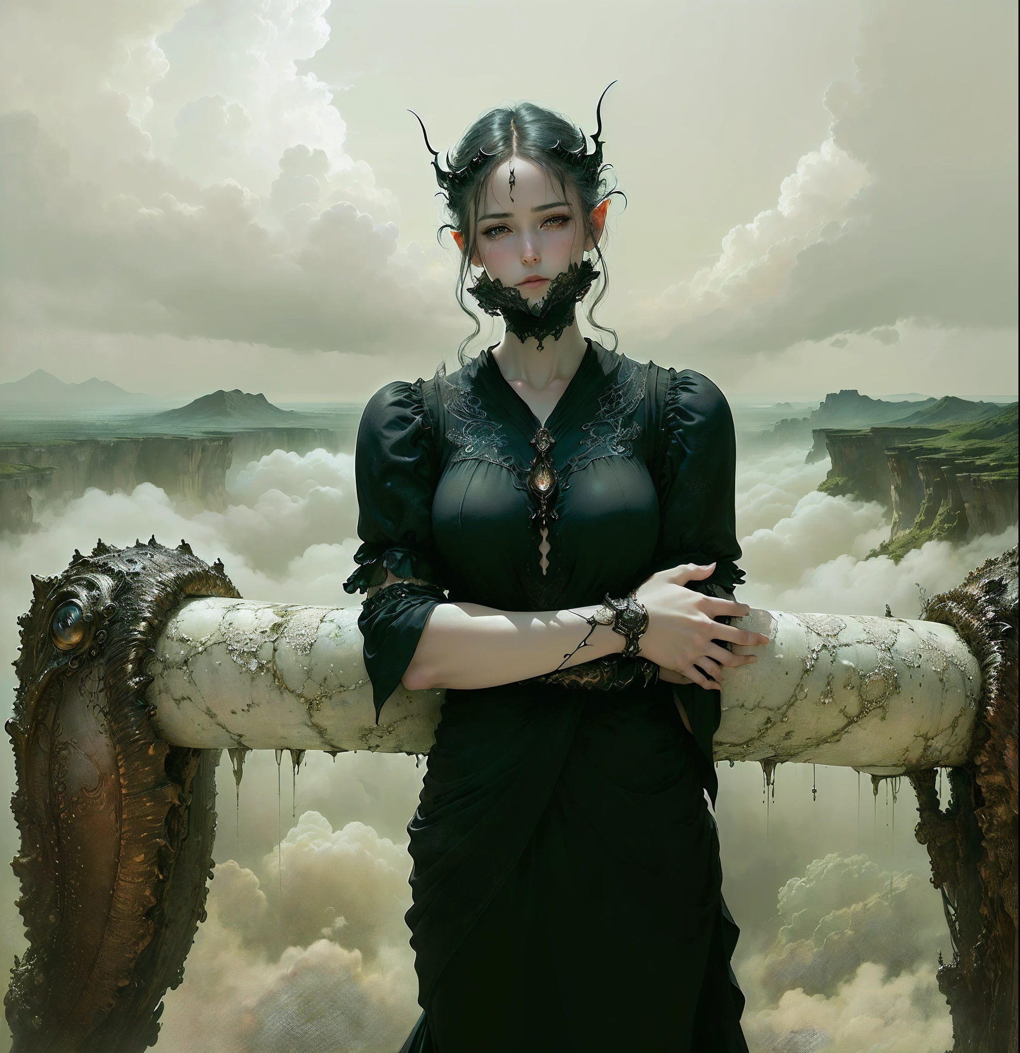 ((best quality)), ((masterpiece)), (detailed), alluring succubus, ethereal beauty, perched on a cloud, (fantasy illustration:1.3), enchanting gaze, captivating pose, delicate wings, otherworldly charm, mystical sky, (Luis Royo:1.2), (Yoshitaka Amano:1.1), moonlit night, soft colors, (detailed cloudscape:1.3), (high-resolution:1.2)