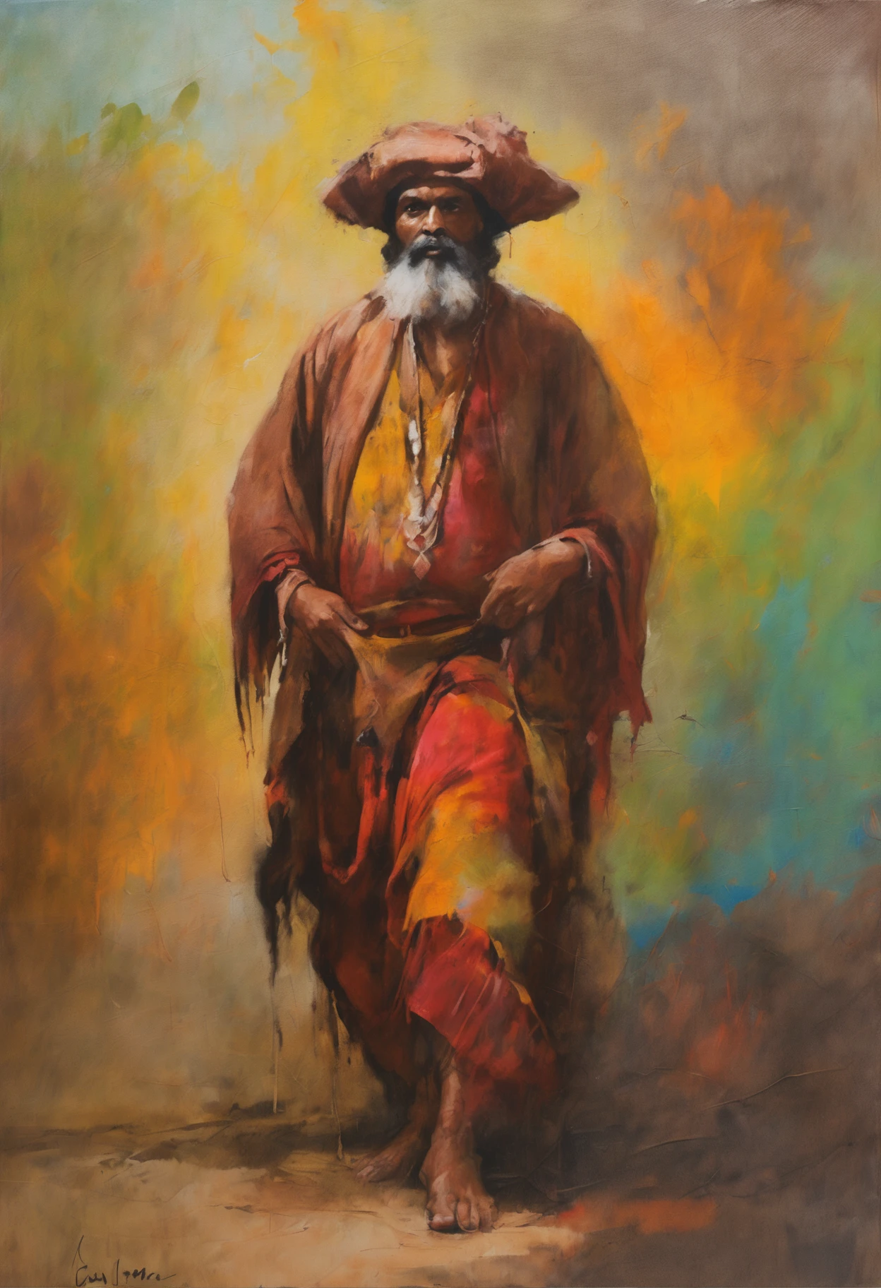 a brown gypsy Hindu man in typical hatless pirate robes beautiful landscapes, Grande profundidade de campo, Arte Digital, obra prima, Qualidade UHD". RPG