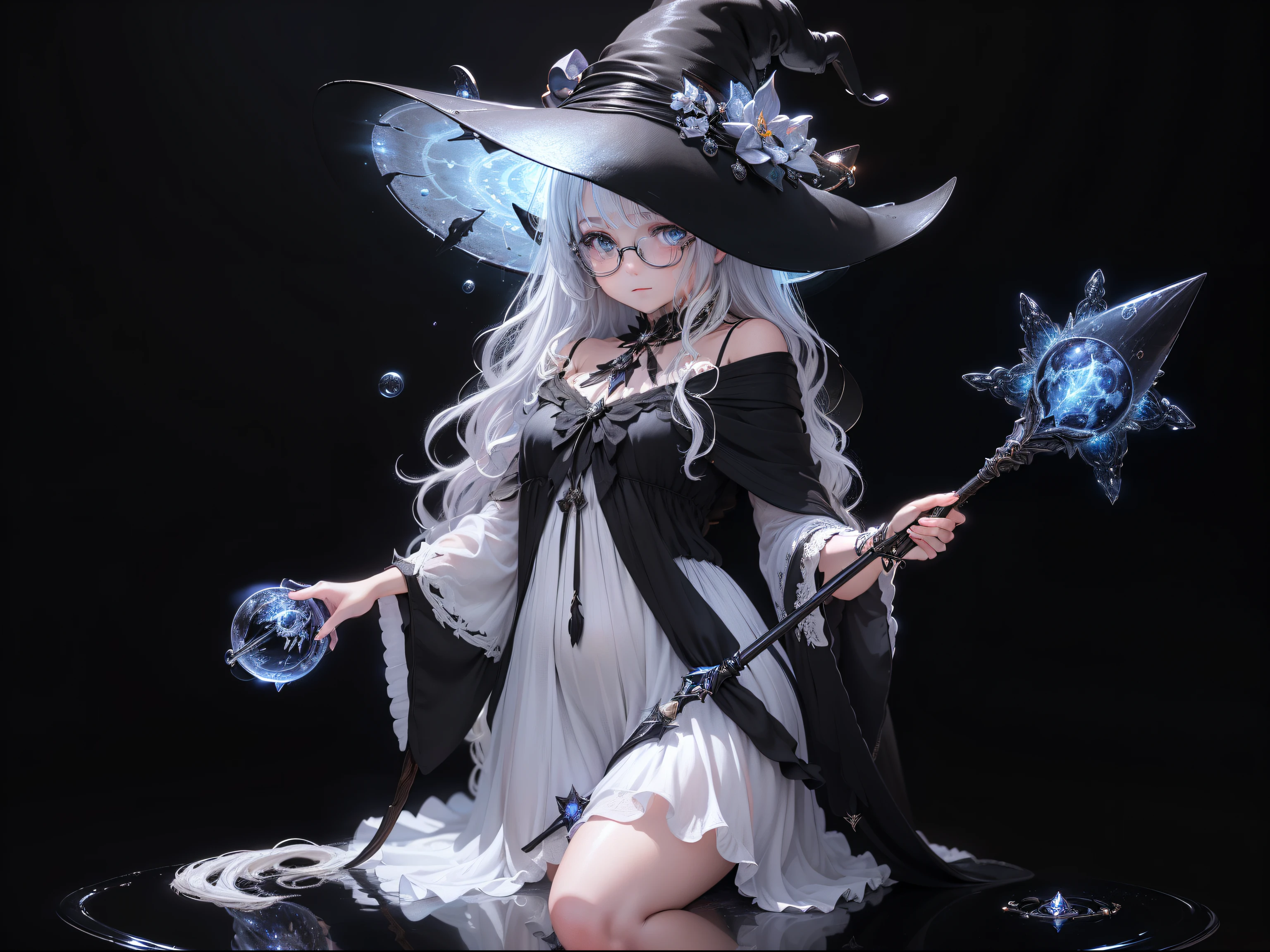 ((Best quality)), ((Masterpiece)), ((Ultra-detailed)), (illustration), (Detailed light), (An extremely delicate and beautiful),,A charming young girl,sorceress woman,Cute face,magestic,(Sexy figure),Black magic robe,Short black shawl,Big black witch hat,white dresses,Glasses,((Holding a large wand)),Water magic,((Magic battles)),Magic Array