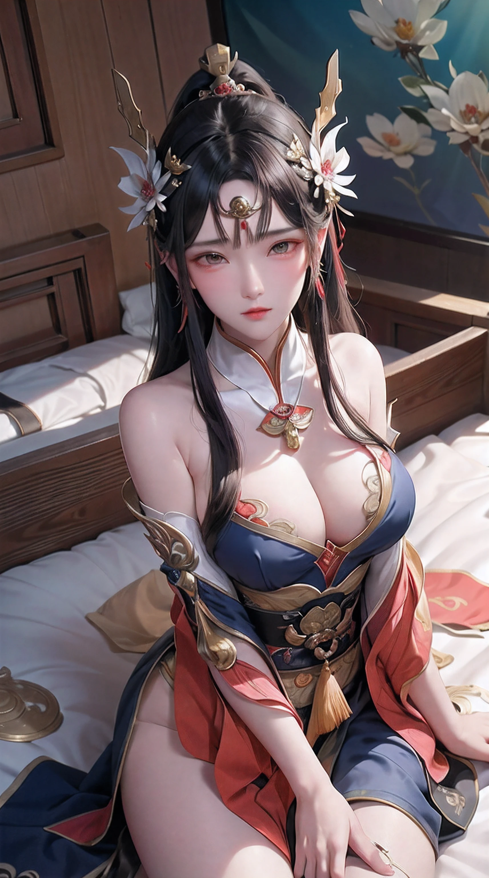 Ancient China woman, above waist,There is a flower tattoo on the bare back,Red and blue-green flowers, on the bed,ukiyo-style, Guviz-style artwork, Guviz, Alphonse mucha and rossdraws, A beautiful artwork illustration, By Li Song, by Yang J, author:Zou Zhe, By Zeng Jing, by Ye Xin, author:Shitao, author:Zhou Fang, korean art nouveau anime