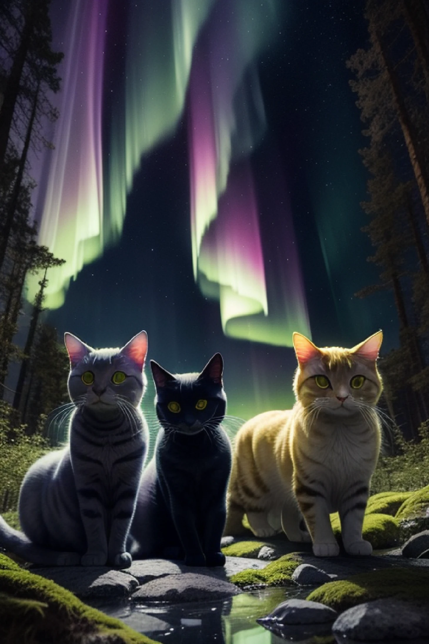 Majestic cats with coats resembling the aurora borealis, their eyes reflecting the shimmering colors of a thousand galaxies, lounge in an enchanted forest. Trees with leaves of liquid crystal rise around them, and the ground is carpeted with luminescent moss that responds to the cats' every touch.