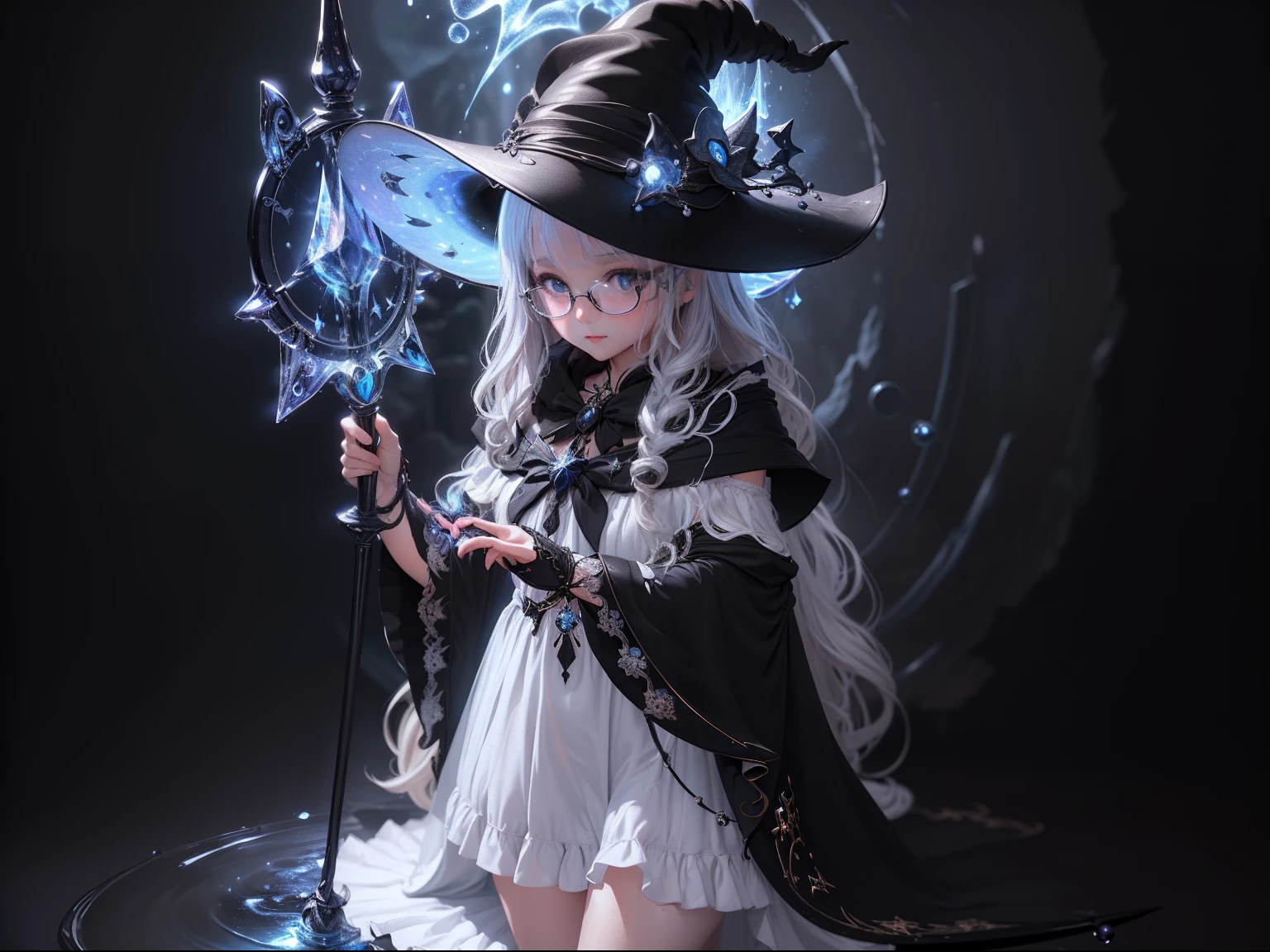 ((Best quality)), ((Masterpiece)), ((Ultra-detailed)), (illustration), (Detailed light), (An extremely delicate and beautiful),,A charming young girl,sorceress woman,Cute face,magestic,(Sexy figure),Black magic robe,Short black shawl,Big black witch hat,white dresses,Glasses,((Wave your big wand with both hands)),Water magic,(((Magic Array)))