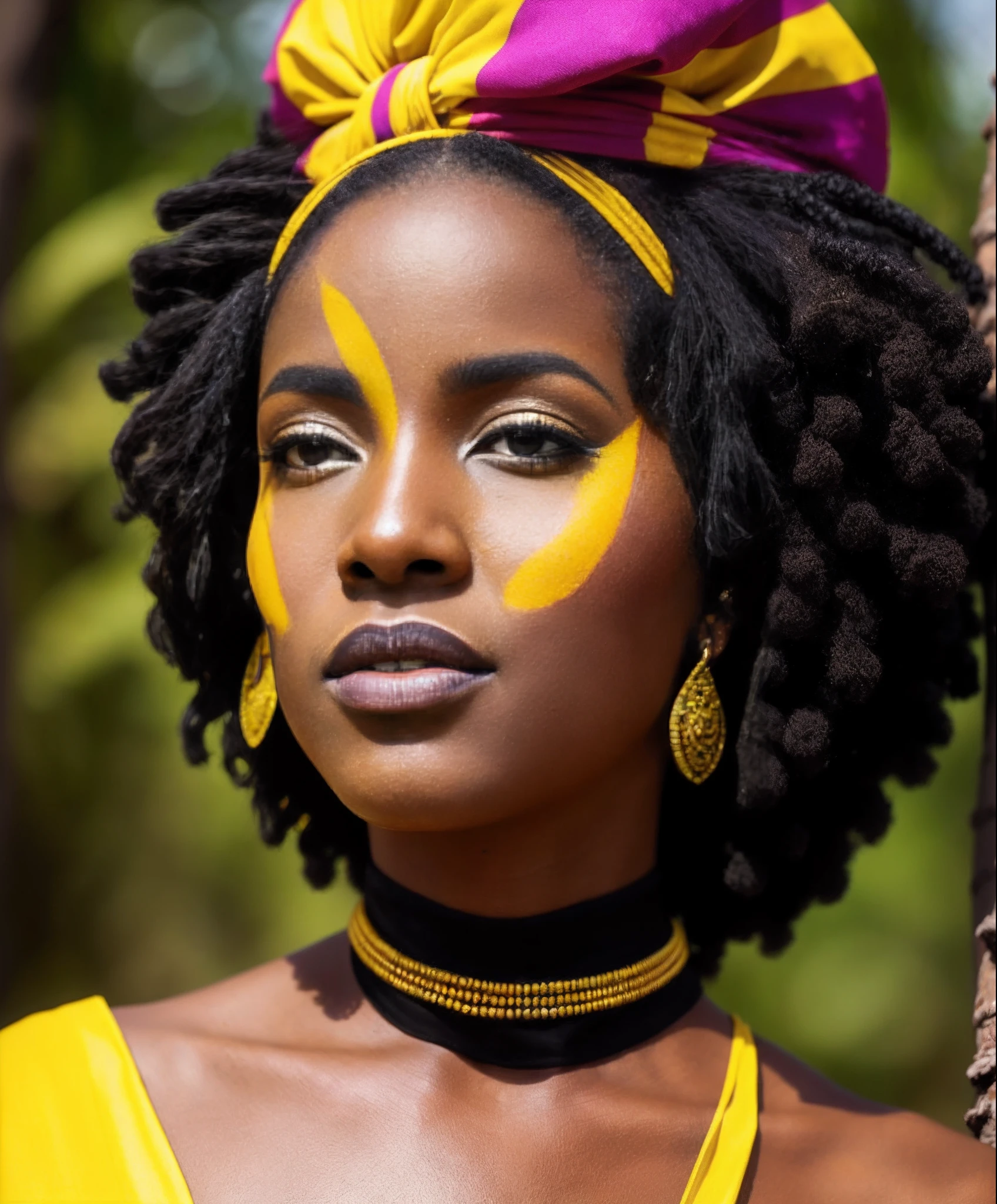 A photographic portrait of an African woman with creative makeup inspired by the culture and nature of Africa. The woman should have dark skin, black curly hair, and black eyes. The makeup should be colorful and vibrant, and should use elements of African culture and nature, such as animals, plants, and symbols. The photograph should be taken in a natural setting, such as a forest or savanna.