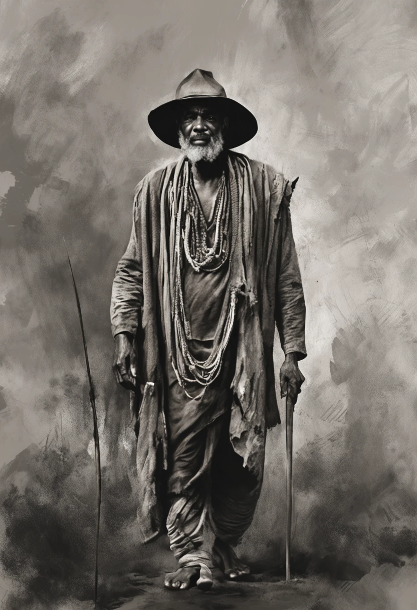 black and white art a brown gypsy man Hindu with typical black pirate robes without hat beautiful landscapes, Grande profundidade de campo, Arte Digital, obra prima, Qualidade UHD". RPG, monocromatico