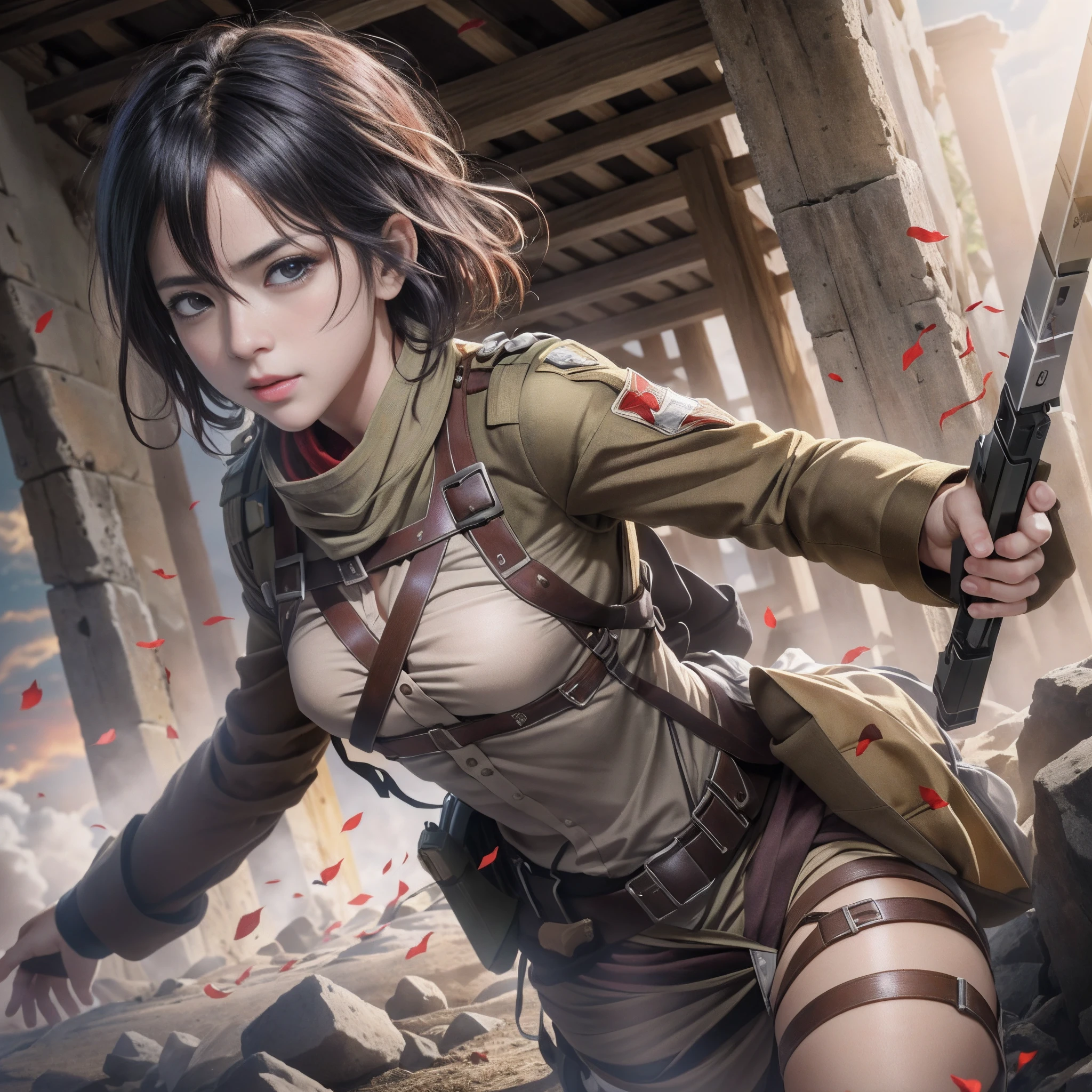Imagem de Mikasa Ackeman no campo de batalha,Red scarf on neck, , Reconnaissance Division Neck Uniform, seios grandes, , peitos grandes, corpo definido, guerreira, (1girl em)、(realisitic)、( fotorrealista:1.5)、Batomornsardas、cabelos pretos, 8k UHD、(filmgrain) extremamente delicado e bonito、8k, alta qualidade、alta resolução, ju、ighly detalhado、) 、belos olhos detalhados、 olhos e rosto extremamente detalhados、obra prima、(lighting like a movie)、(pele de alto detalhe:1.2)、8k UHD、Digital SLR、a strong illumination of fire、alta qualidade、filmgrain、obra prima, qualidade superior, alta qualidade, alta resolução, ((muito nitido)), Photo taken with long-range professional camera, alta qualidade, preservar face, sensual