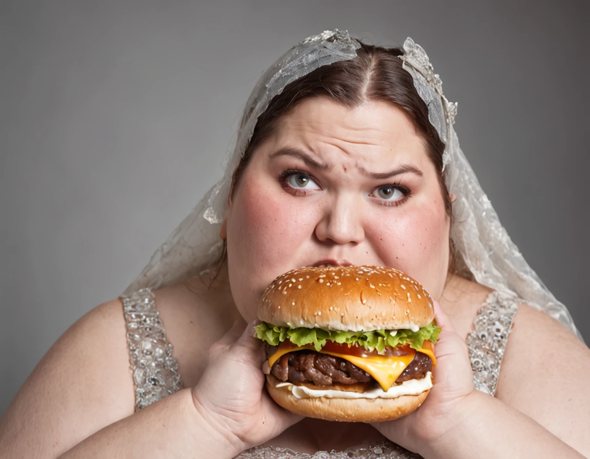 Extremely obese woman with 200 pounds biting a burger desperately shocked expression on her face of very wide eyes