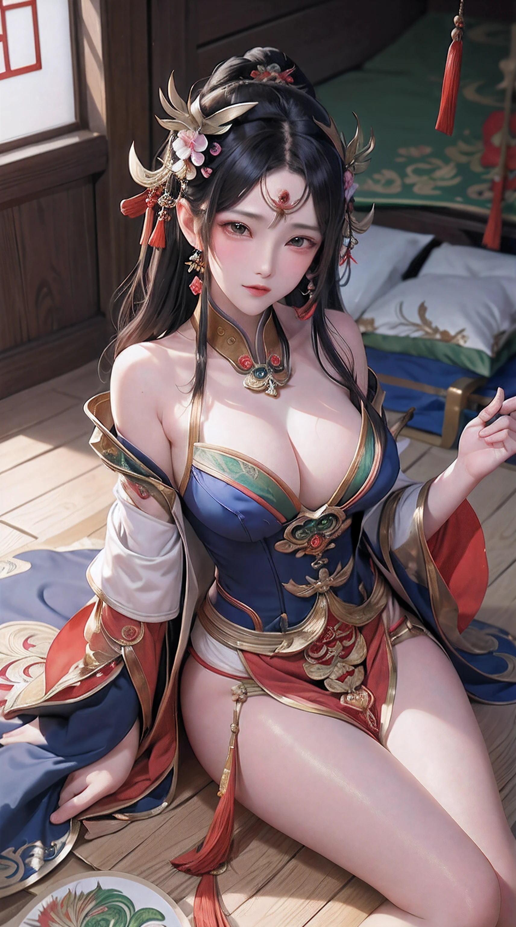 Ancient China woman, above waist，There is a flower tattoo on the bare back，Red and blue-green flowers, on the bed，ukiyo-style, Guviz-style artwork, Guviz, Alphonse mucha and rossdraws, A beautiful artwork illustration, By Li Song, by Yang J, author：Zou Zhe, By Zeng Jing, by Ye Xin, author：Shitao, author：Zhou Fang, korean art nouveau anime