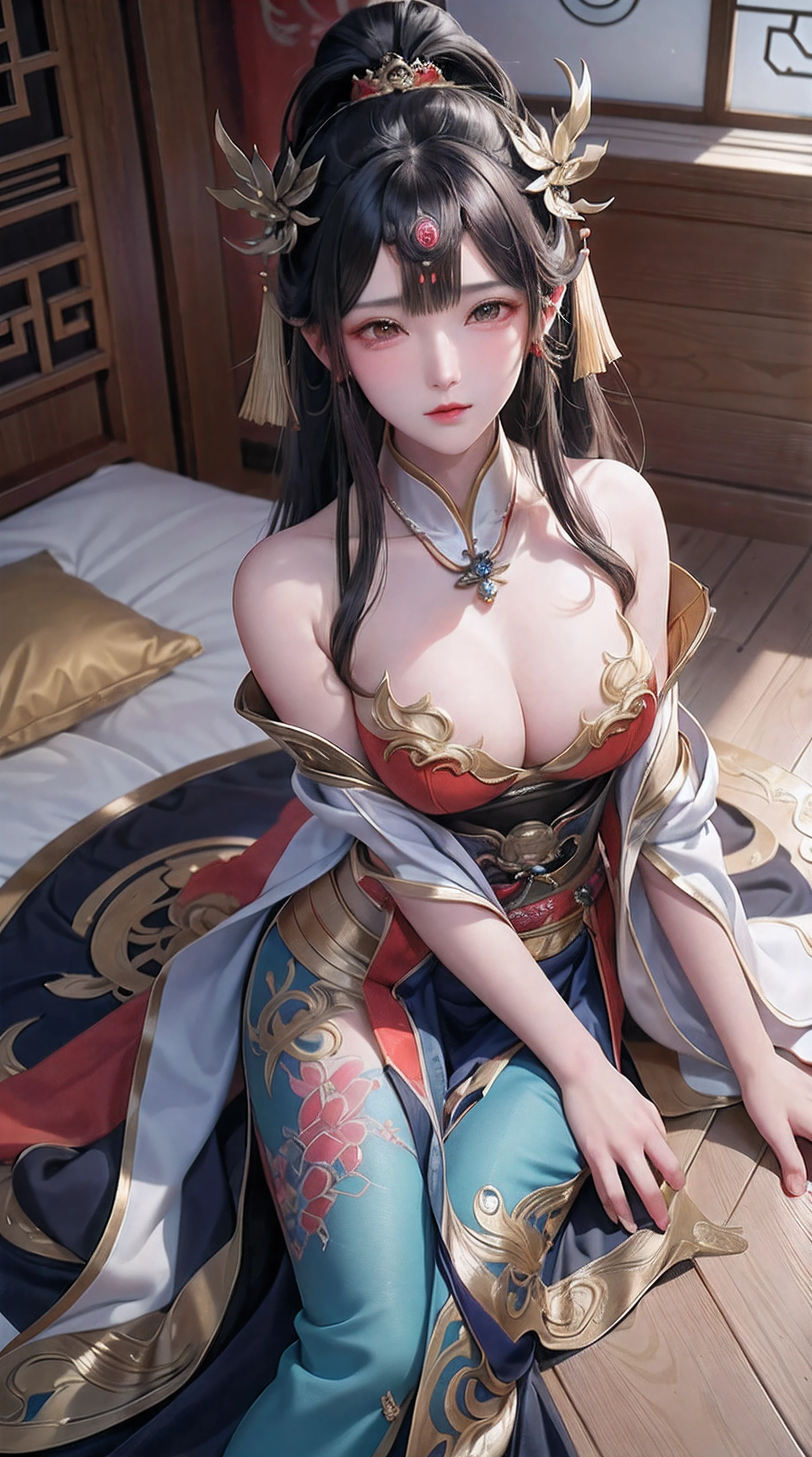 Ancient China woman, above waist，There is a flower tattoo on the bare back，Red and blue-green flowers, on the bed，ukiyo-style, Guviz-style artwork, Guviz, Alphonse mucha and rossdraws, A beautiful artwork illustration, By Li Song, by Yang J, author：Zou Zhe, By Zeng Jing, by Ye Xin, author：Shitao, author：Zhou Fang, korean art nouveau anime