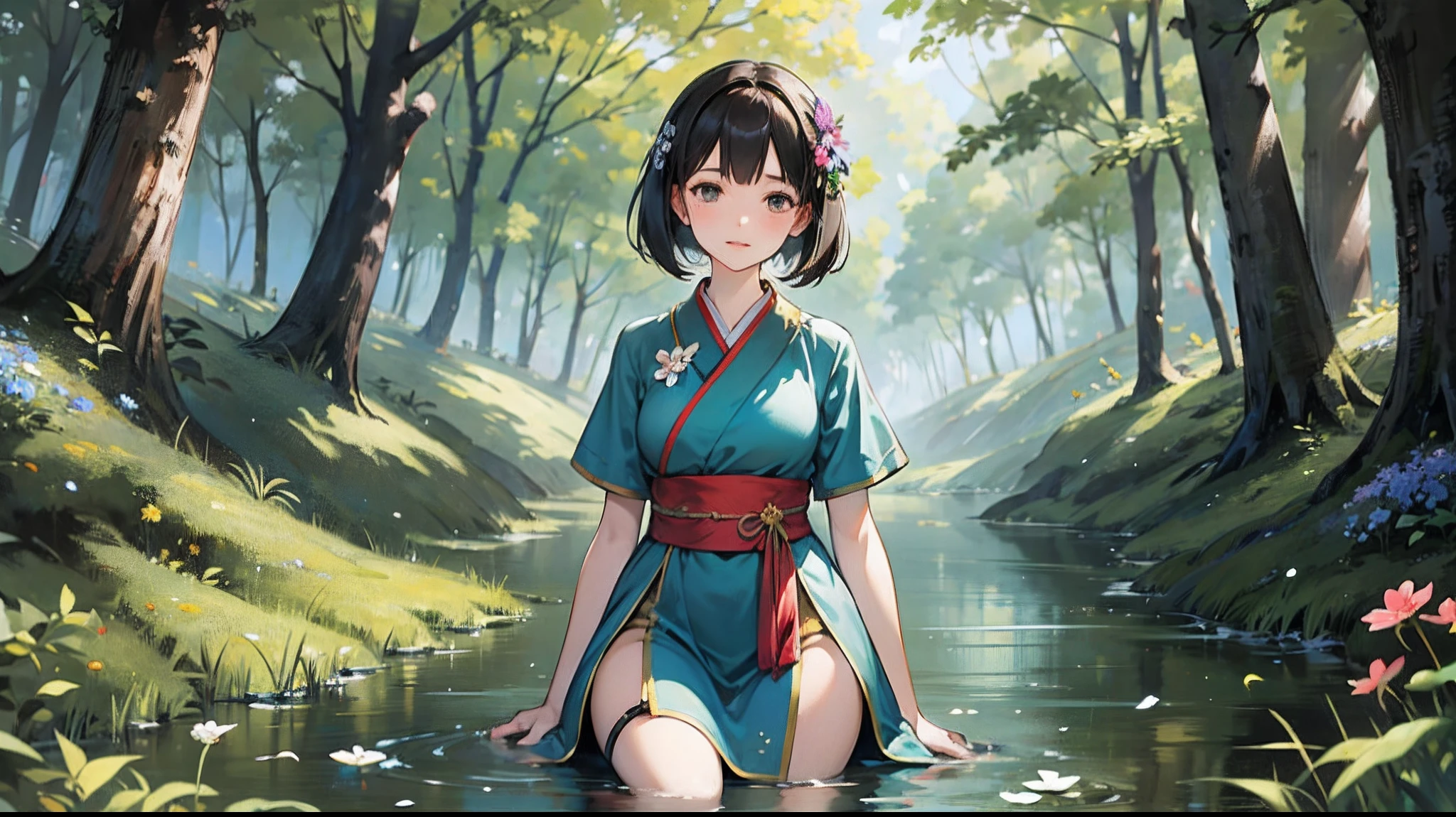 ((melhor qualidade)), ((obra-prima)), (altamente detalhado:1.3)a Japanese village from the Meiji era, with a lagoon with waters in transparent blue color, where you can see fish of various species, with a light rain, sun between clouds. With trees and bushes and a beautiful Japanese woman with blue eyes and reddish hair, wearing her traditional kimono, holding an orchid flower, all in anime style. --auto