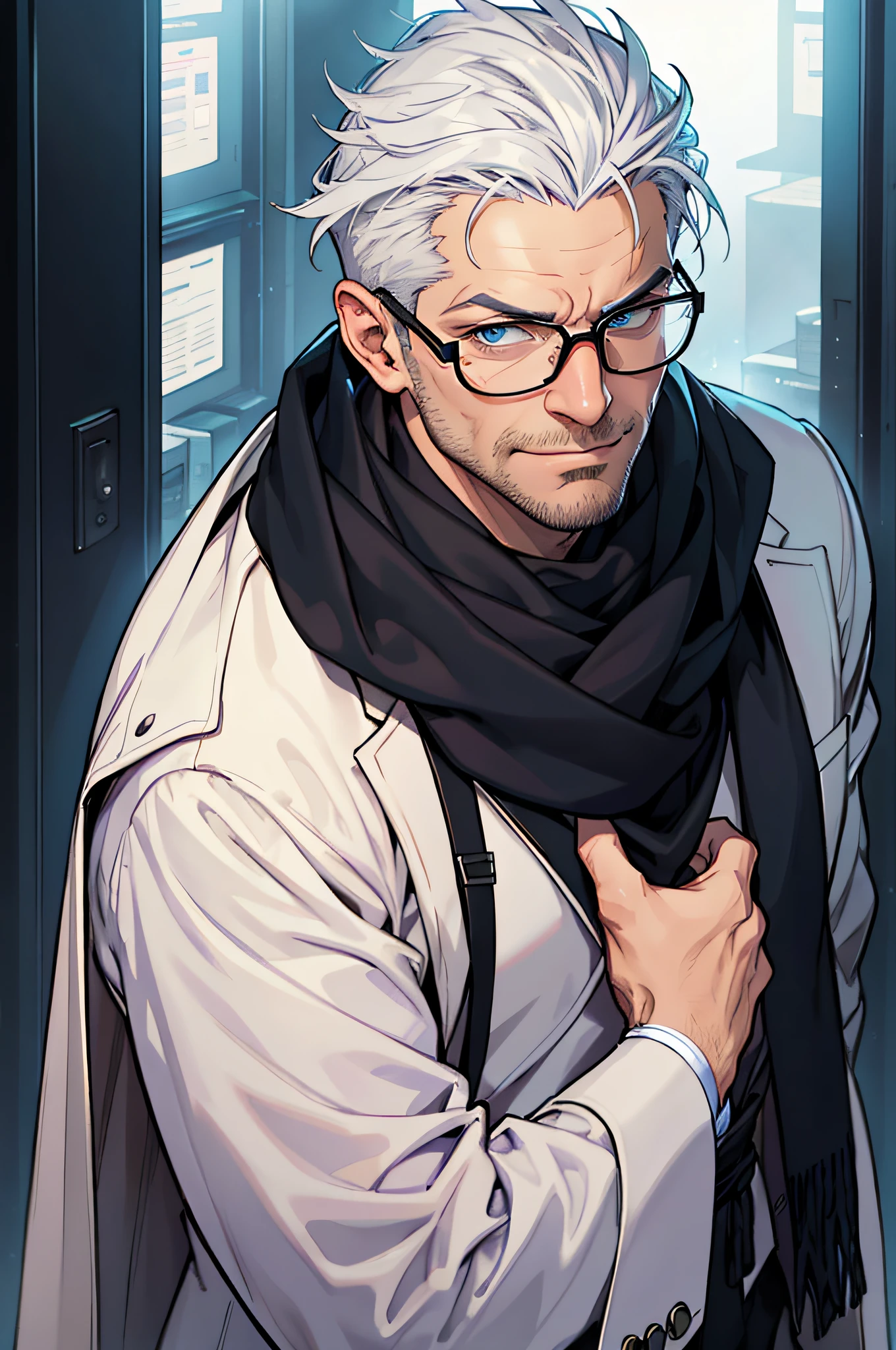 Image of Arafeld of a man with glasses and a scarf, portrait of professor sinister, stanely artgerm, artgerm and grek rutkowski, Artgerm Greg Rutkowski _ greg, artgerm portrait, Moebius + Art germ, portrait of adam jensen, nerd man character portrait, commission for high resolution