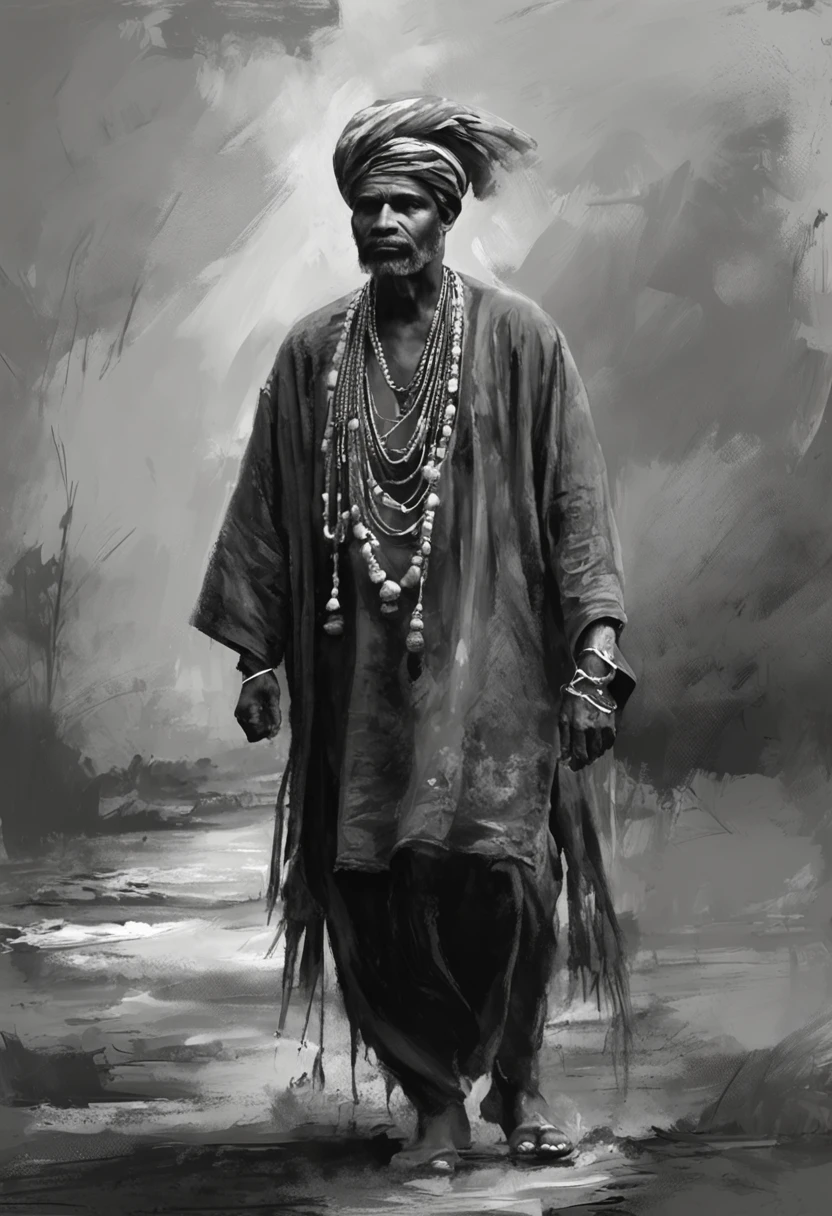 Black and white art a Hindu gypsy man in typical black pirate robes without hat beautiful landscapes, Grande profundidade de campo, Arte Digital, obra prima, Qualidade UHD". RPG, monocromatico