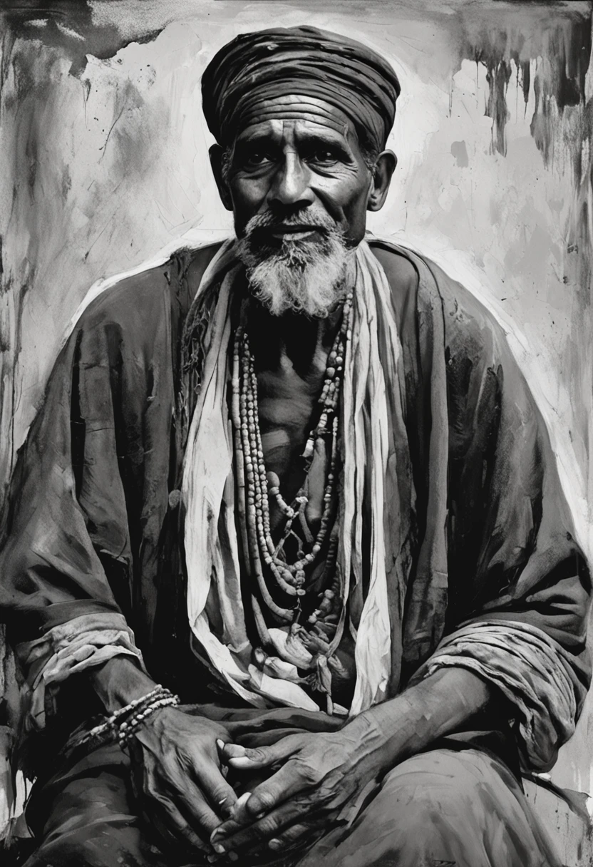 Black and white art a Hindu gypsy man in typical black pirate robes without hat beautiful landscapes, Grande profundidade de campo, Arte Digital, obra prima, Qualidade UHD". RPG, monocromatico