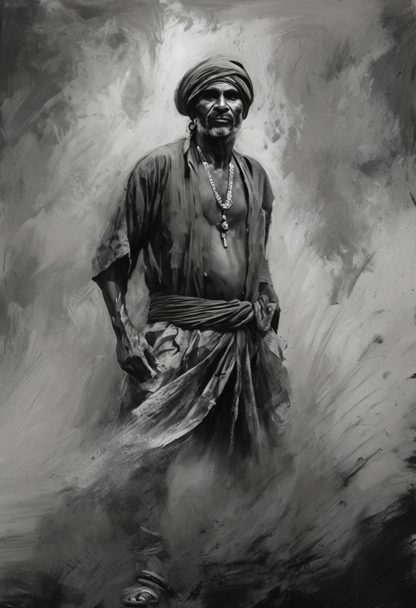 Black and white art a Hindu gypsy man in typical black pirate robes without hat beautiful landscapes, Grande profundidade de campo, Arte Digital, obra prima, Qualidade UHD". RPG, monocromatico