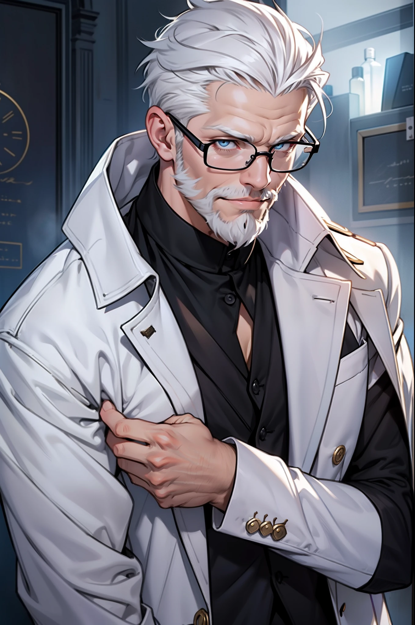 (Meticulous description) (Meticulous hair depiction) (Carefully portray the eyes) (Carefully portray the face) (Detailed portrayal of the human body) (Detailed portrayal of the half-body) (Handsome uncle)(quadratic element)One man only,uncle,Clear face,sharp look,Uncle lineage,dyna,exquisite CG,Exquisite illustrations,male people,wrinkles,47-year-old uncle,Middle aged,Pan,nobles,A half body,White gloves,high and cold,professor,Sneer Smile,a sense of atmosphere,White hair meticulously combed at the back of his head,Big back without bangs,Short beard,Gray-blue eyes,Wearing a cool white long trench coat, black shirt, purple long scarf,Wear black-framed square glasses,More details,The light from the back window is backlighted,toplight,closeup cleavage